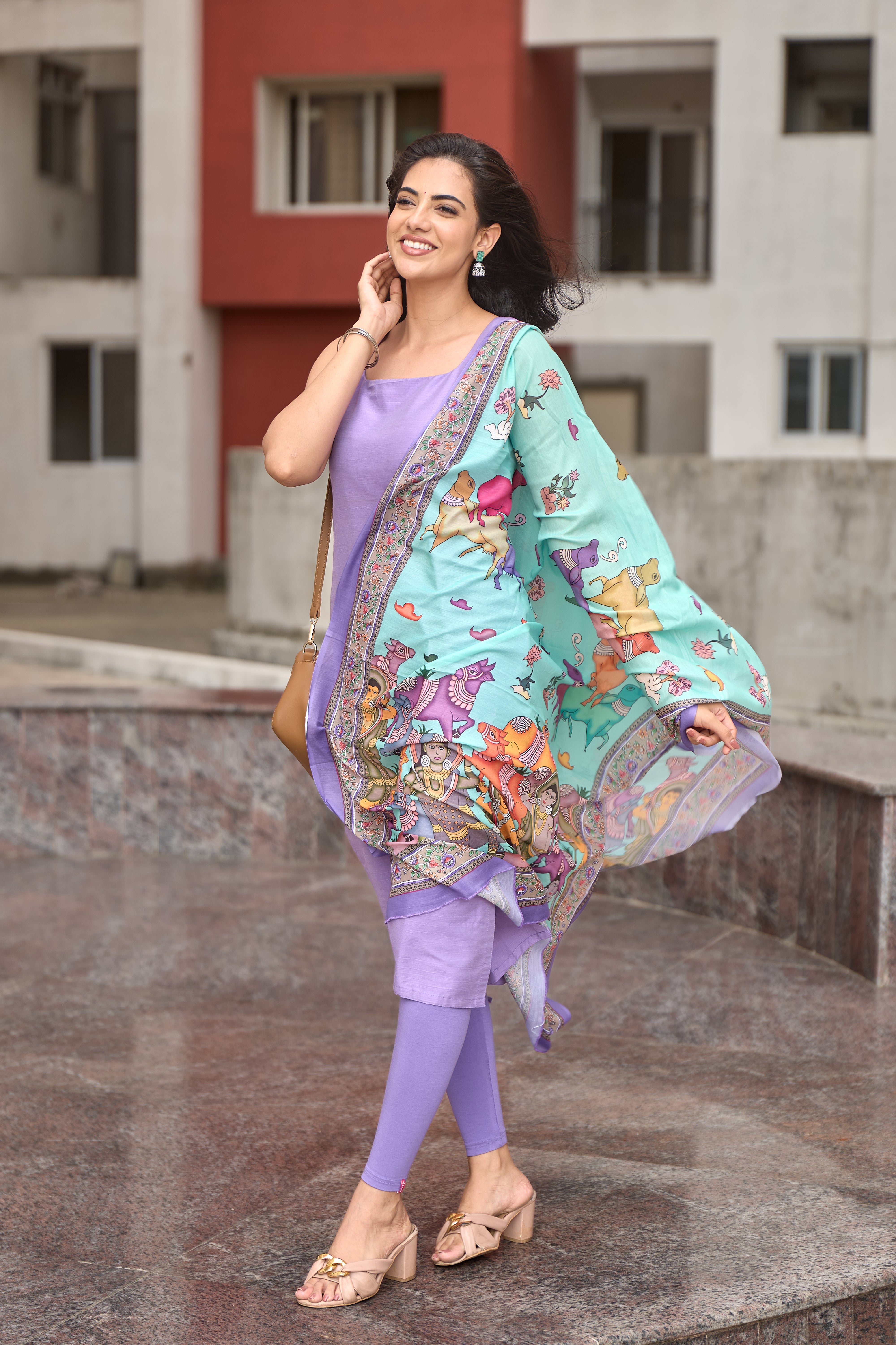 Lavender Cotton Kurti with Pure Mul Printed Dupatta