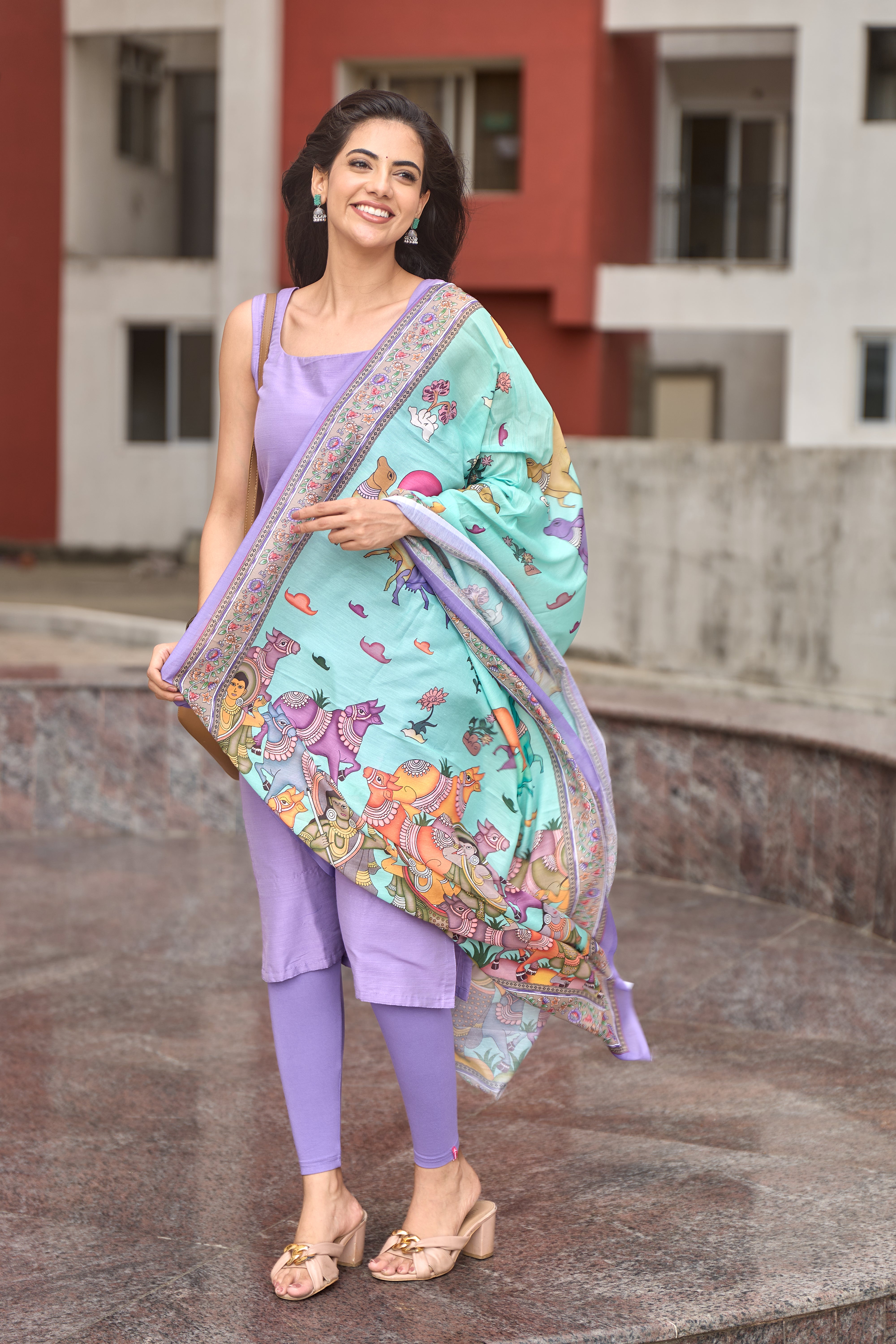 Lavender Cotton Kurti with Pure Mul Printed Dupatta