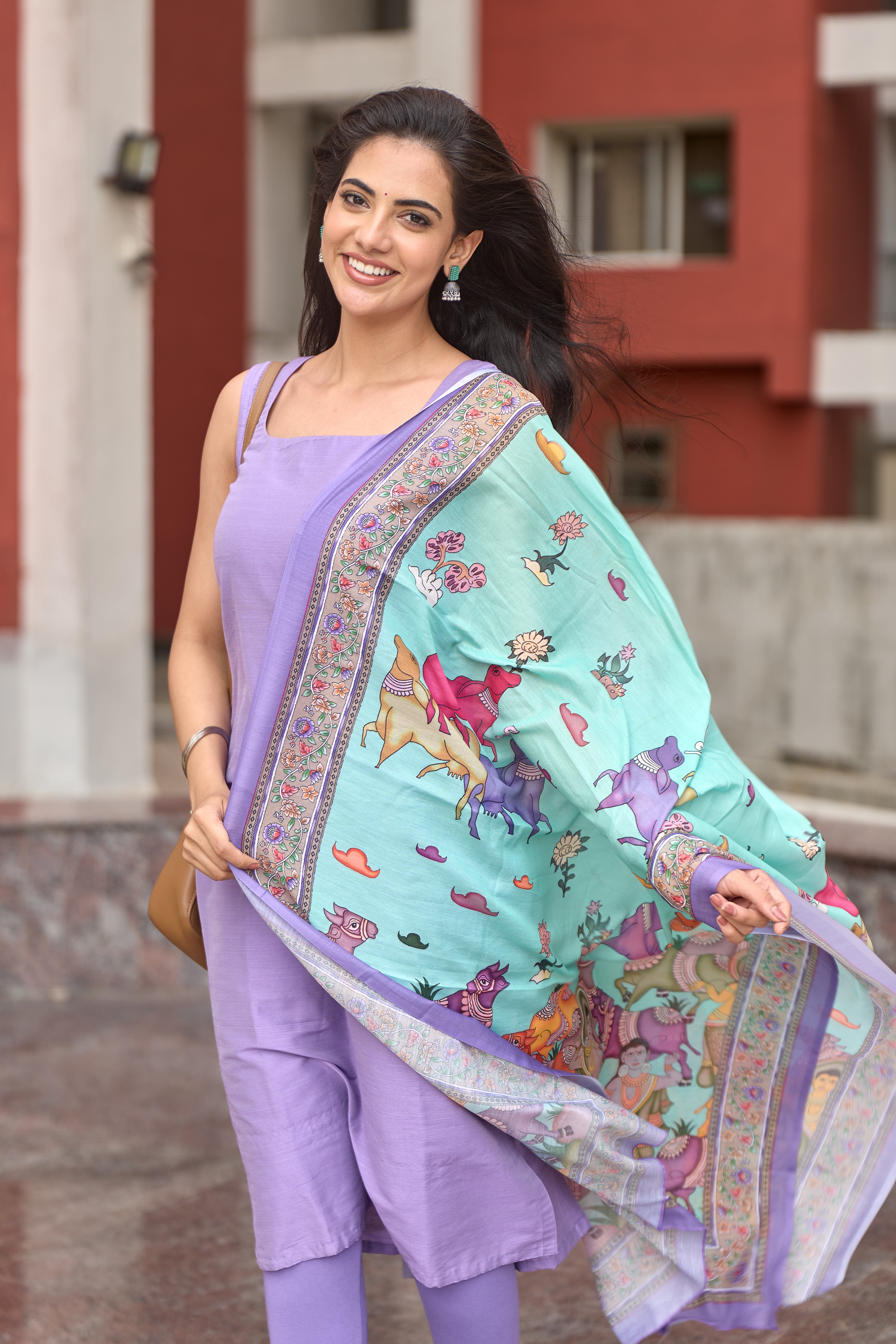 Lavender Cotton Kurti with Pure Mul Printed Dupatta