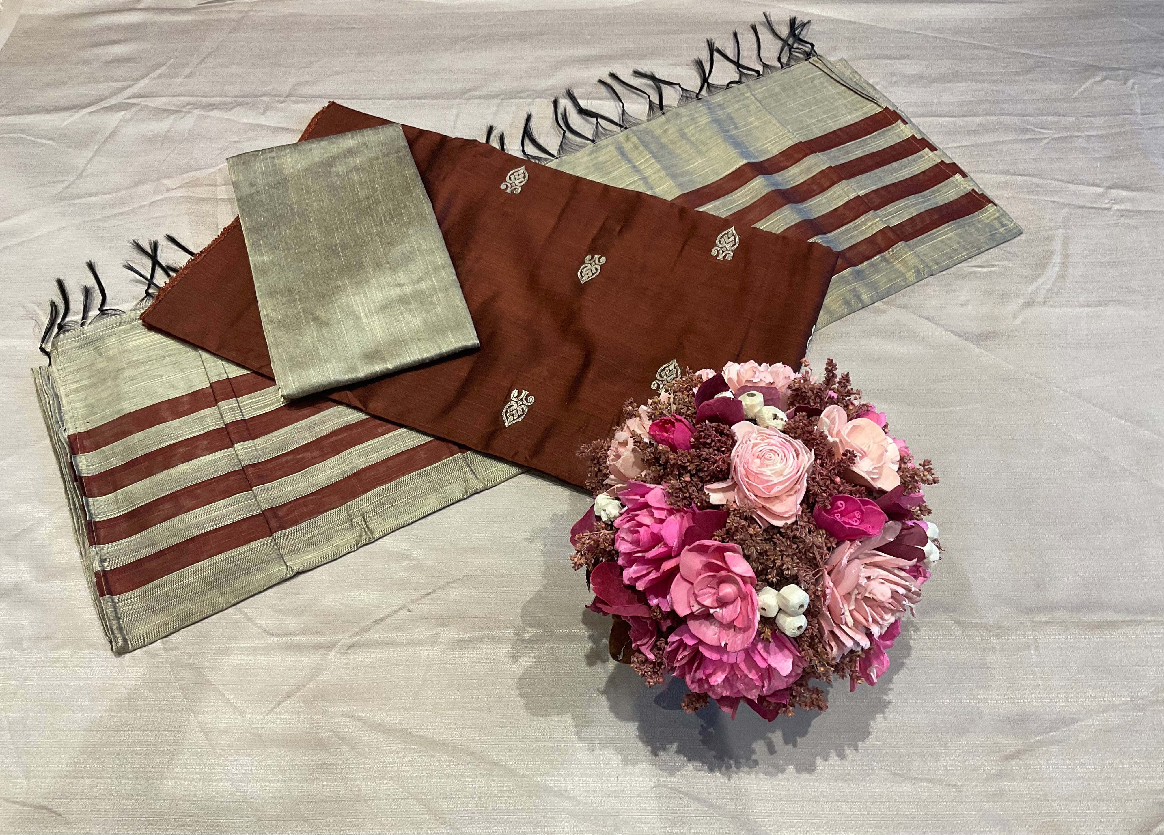 Unstitched raw silk salwar suit - Metallic Copper