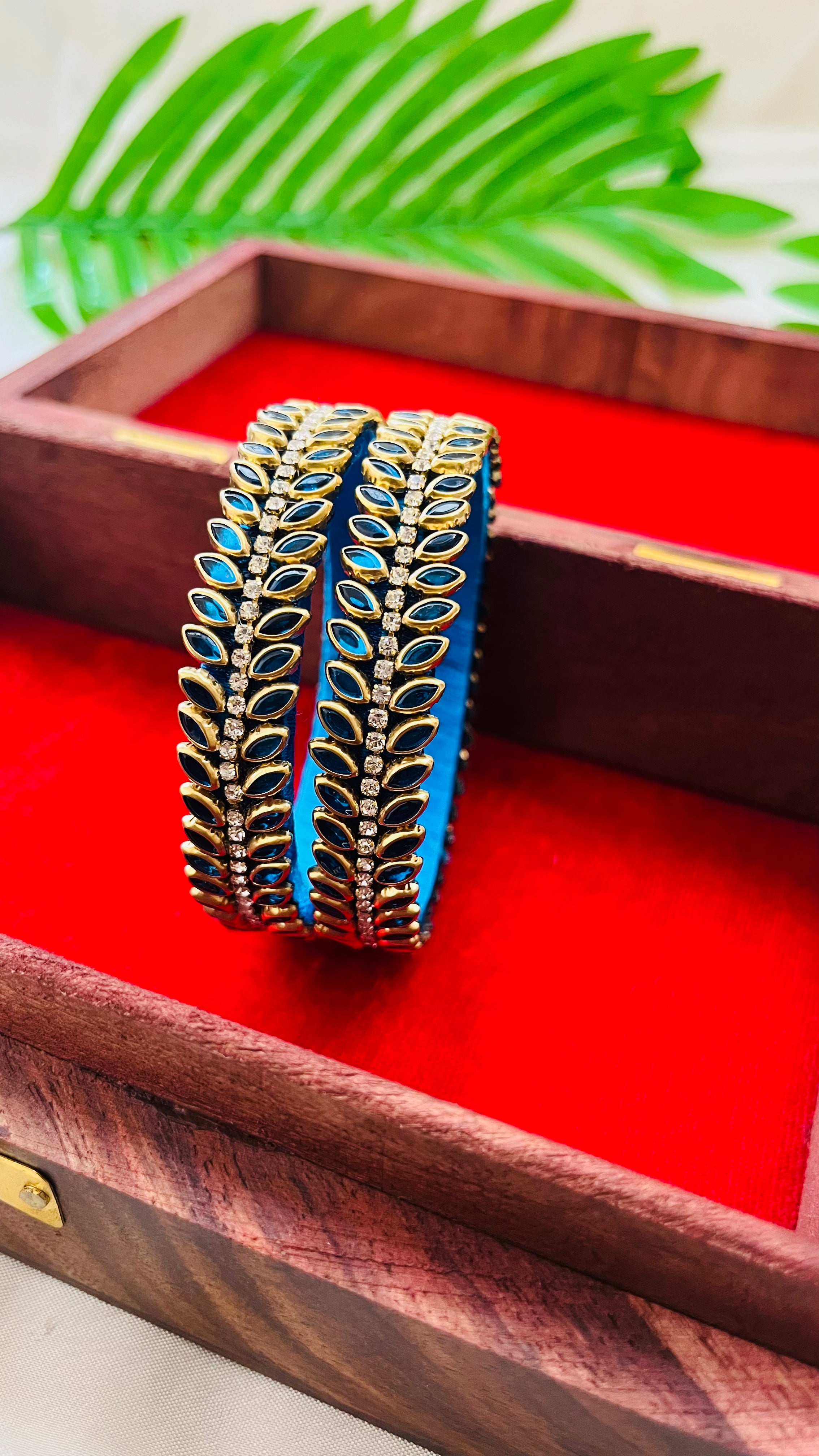 ANIKSHYA HANDMADE TEAL BLUE AND WHITE KUNDAN BANGLE VH011