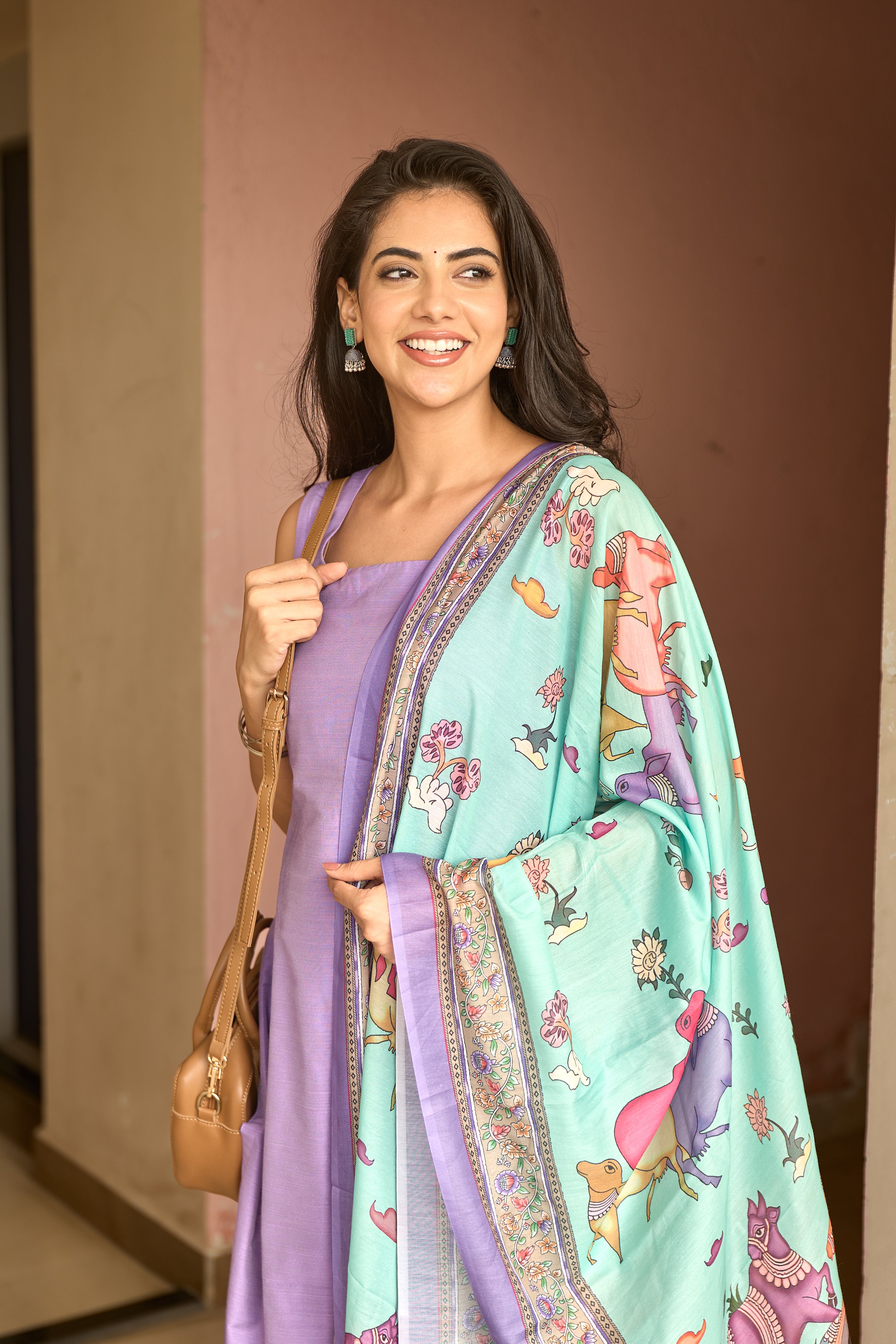 Lavender Cotton Kurti with Pure Mul Printed Dupatta