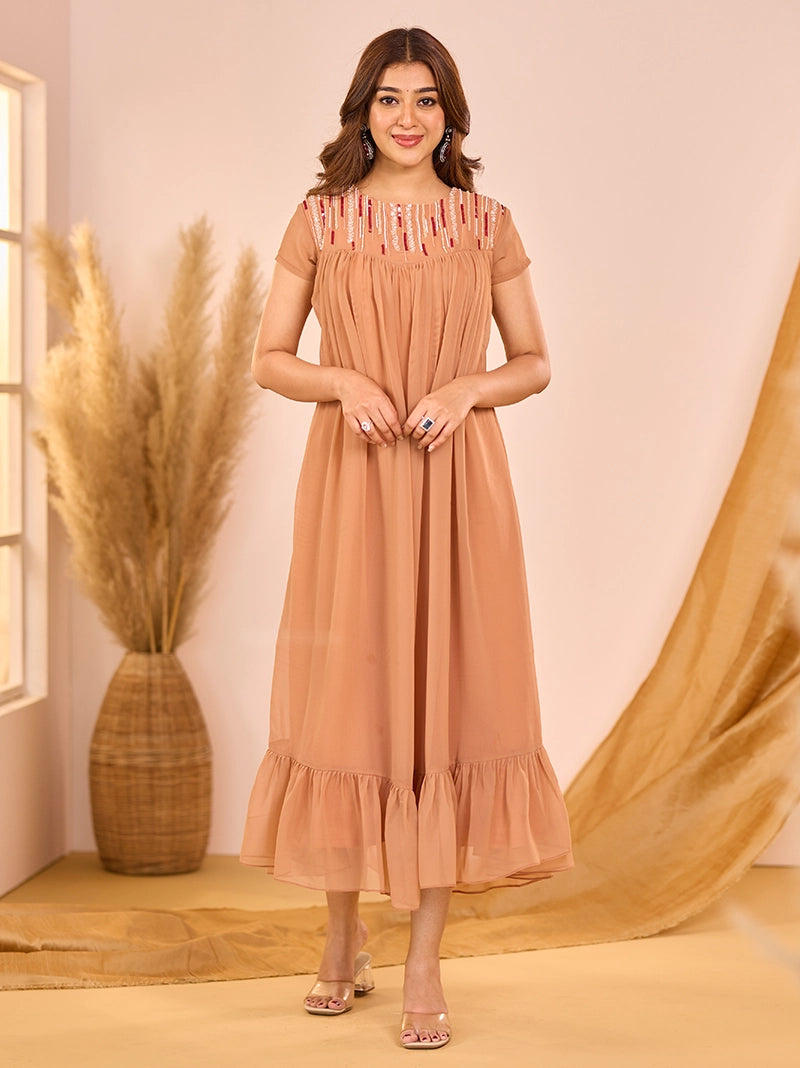 Anikshya D3 Beige ruffle party wear