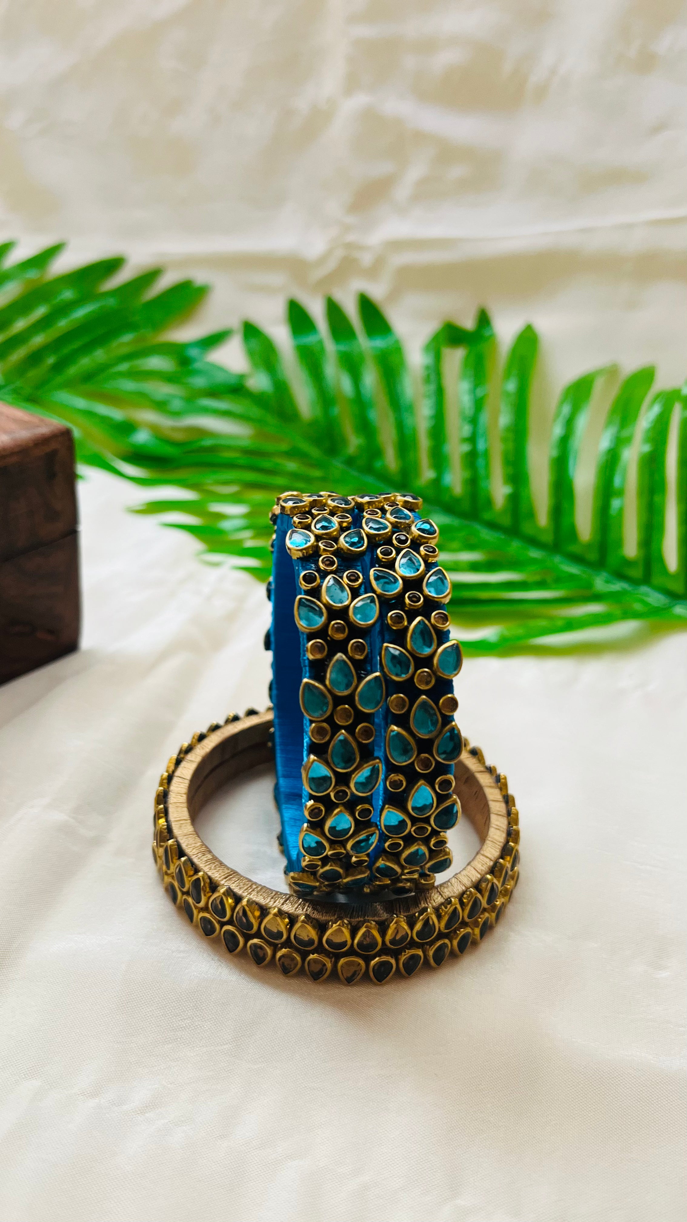 ANIKSHYA HANDMADE TEAL BLUE AND GOLD KUNDAN BANGLE VH008