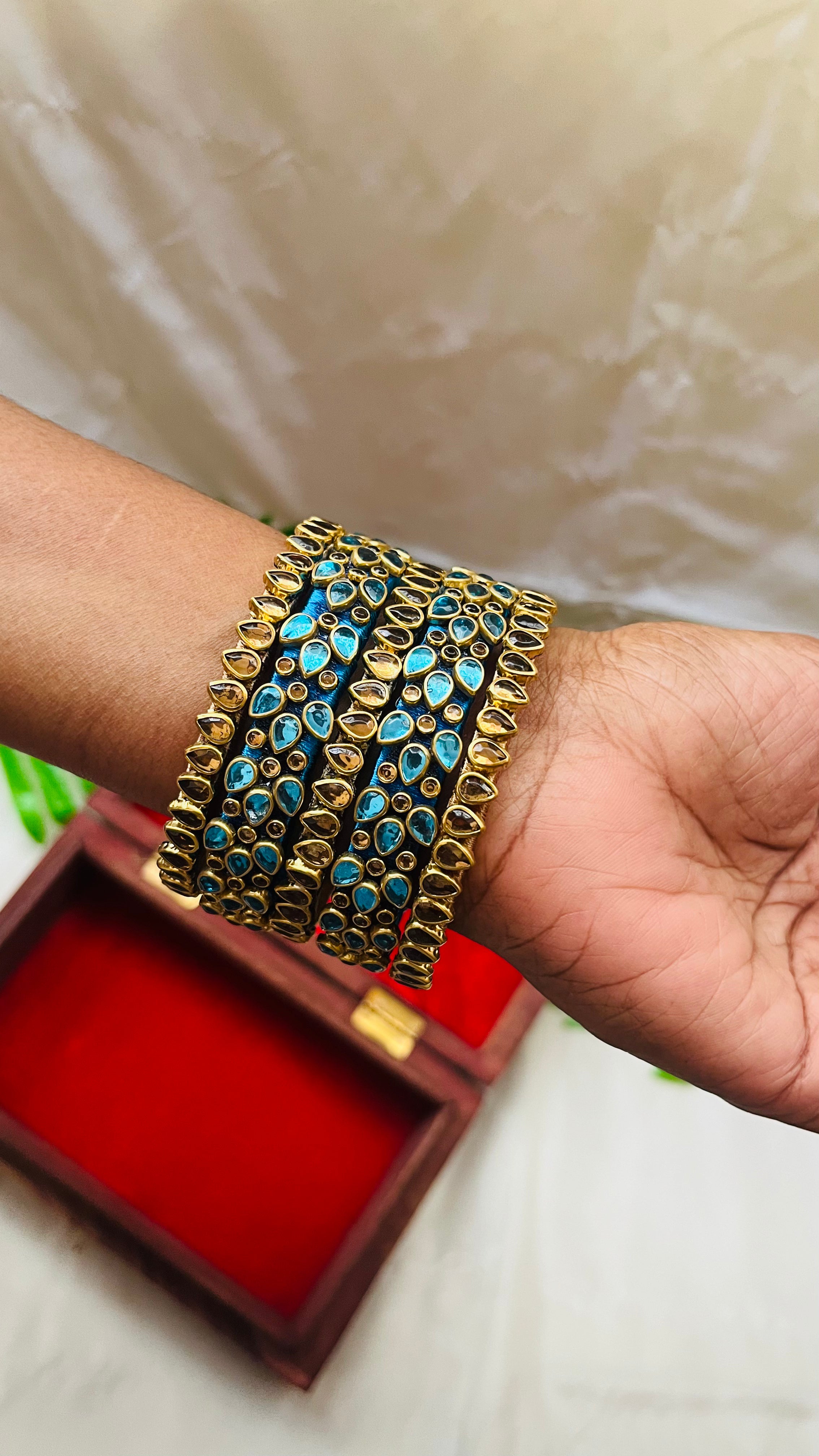 ANIKSHYA HANDMADE TEAL BLUE AND GOLD KUNDAN BANGLE VH008
