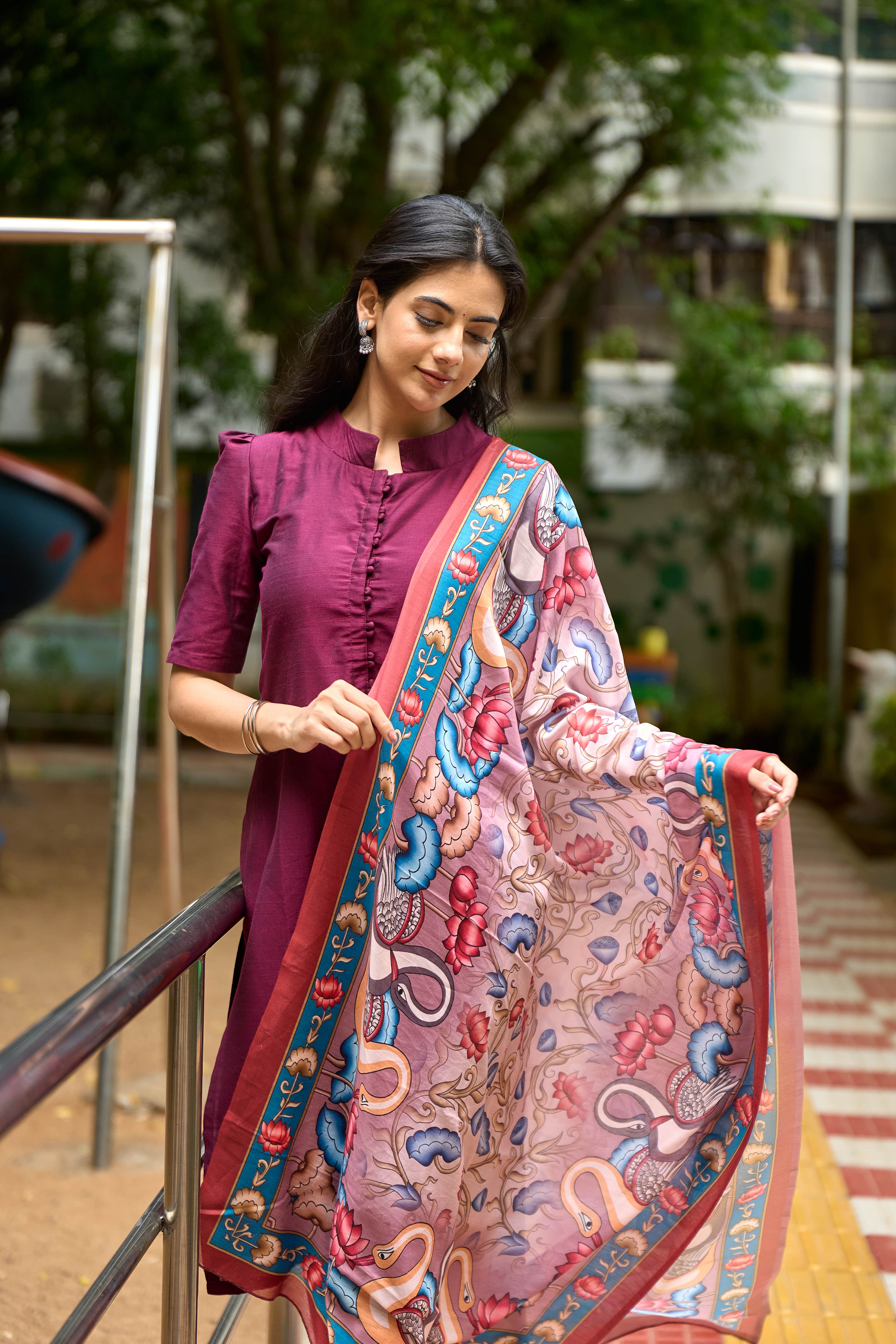 Wine Cotton Kurti with Pure Mul Printed Dupatta