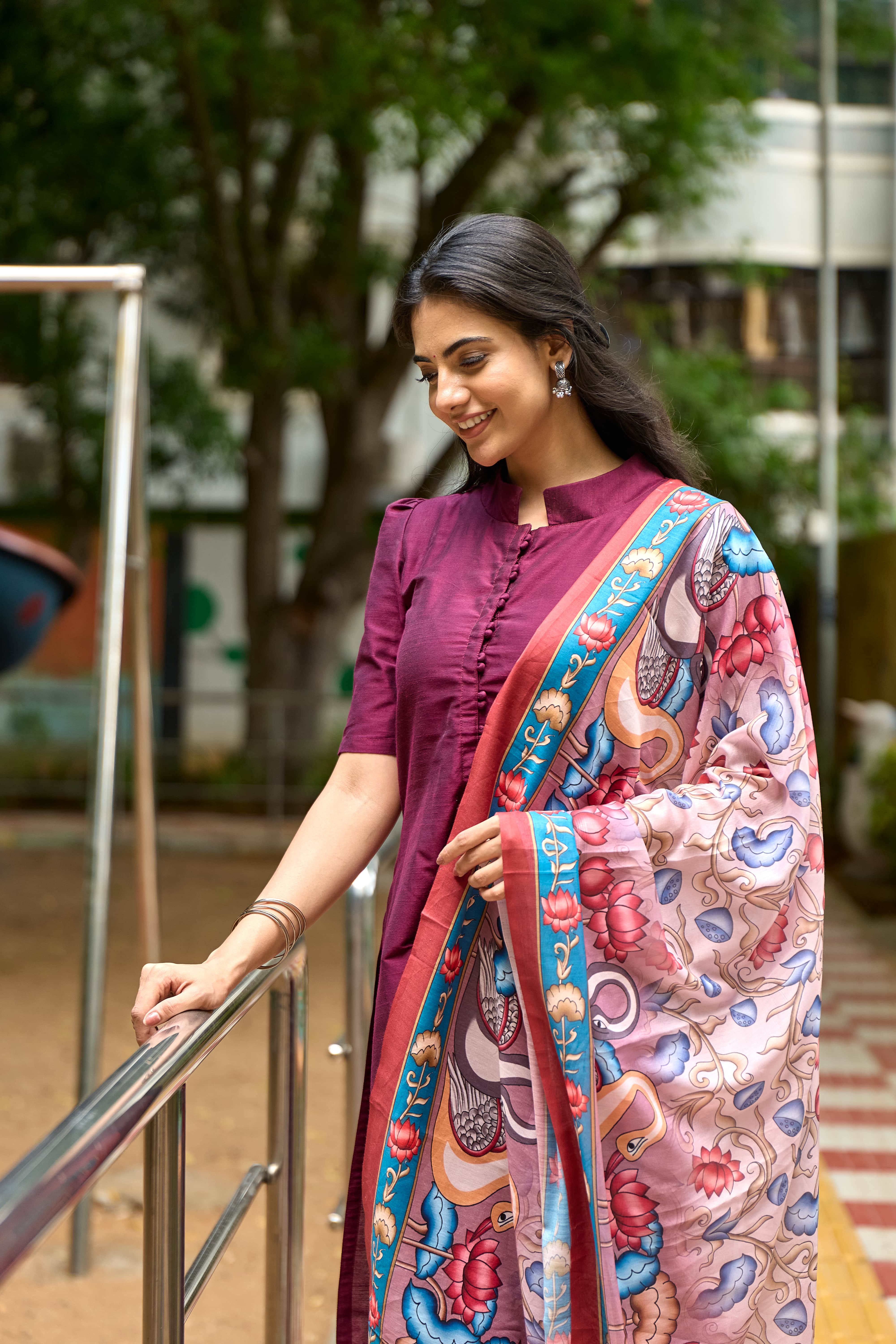 Wine Cotton Kurti with Pure Mul Printed Dupatta