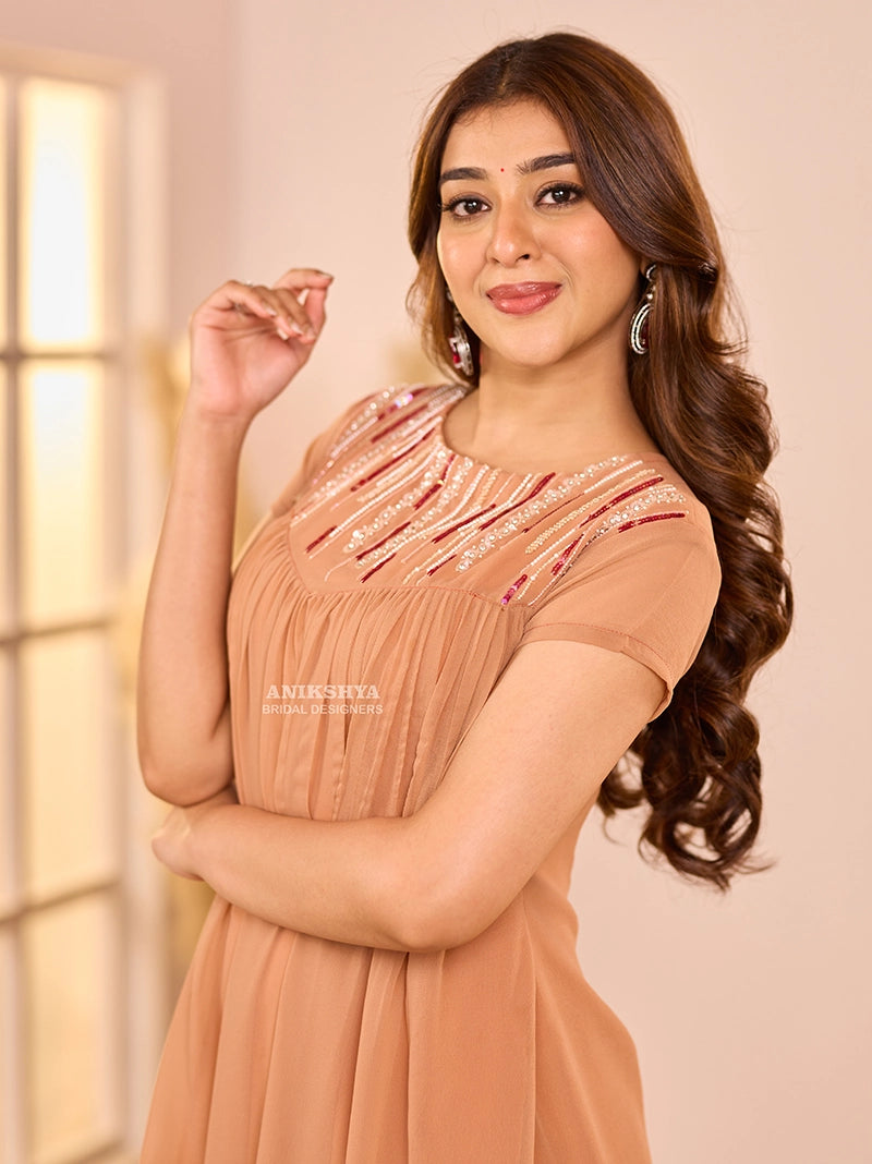 Anikshya D3 Beige ruffle party wear