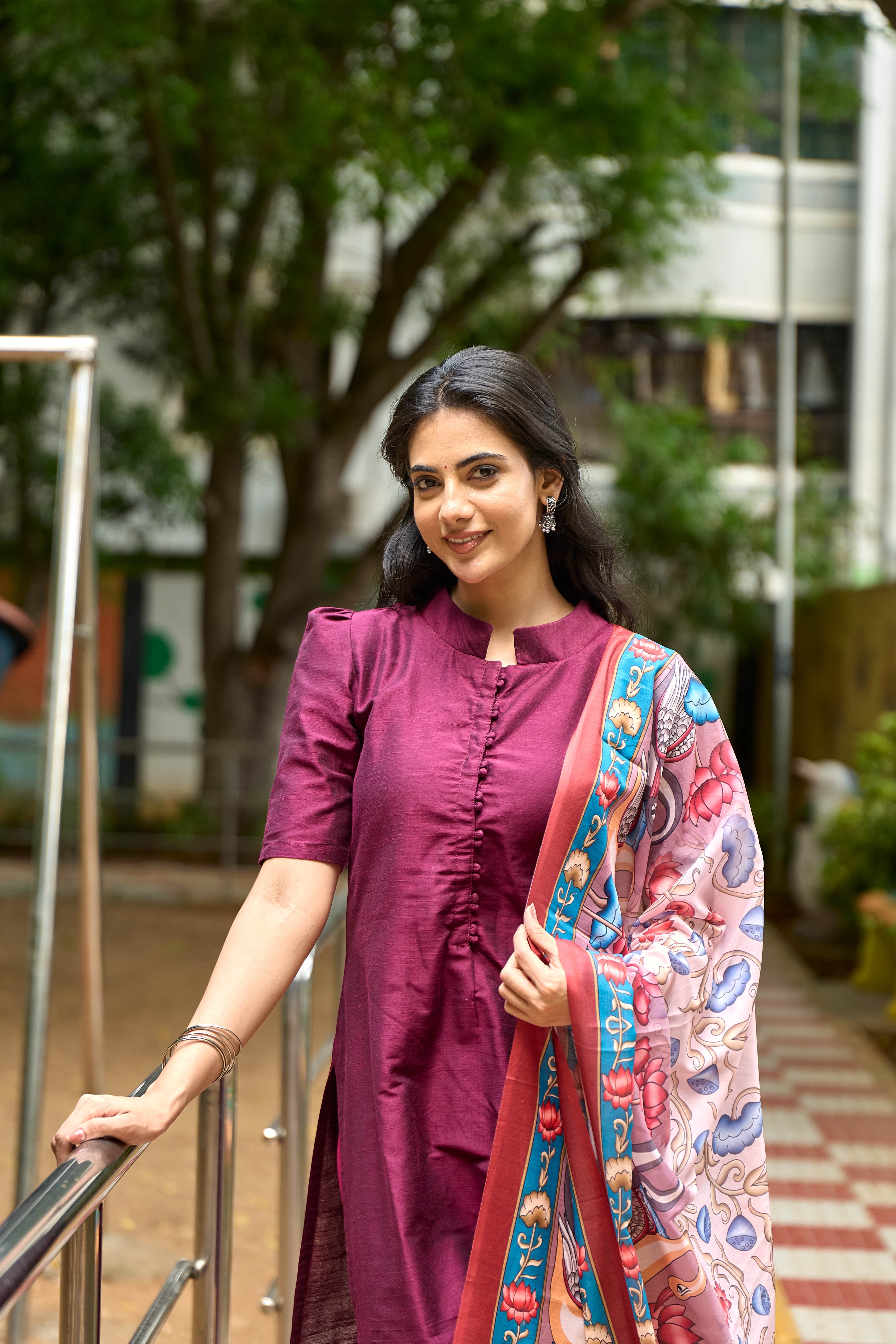 Wine Cotton Kurti with Pure Mul Printed Dupatta