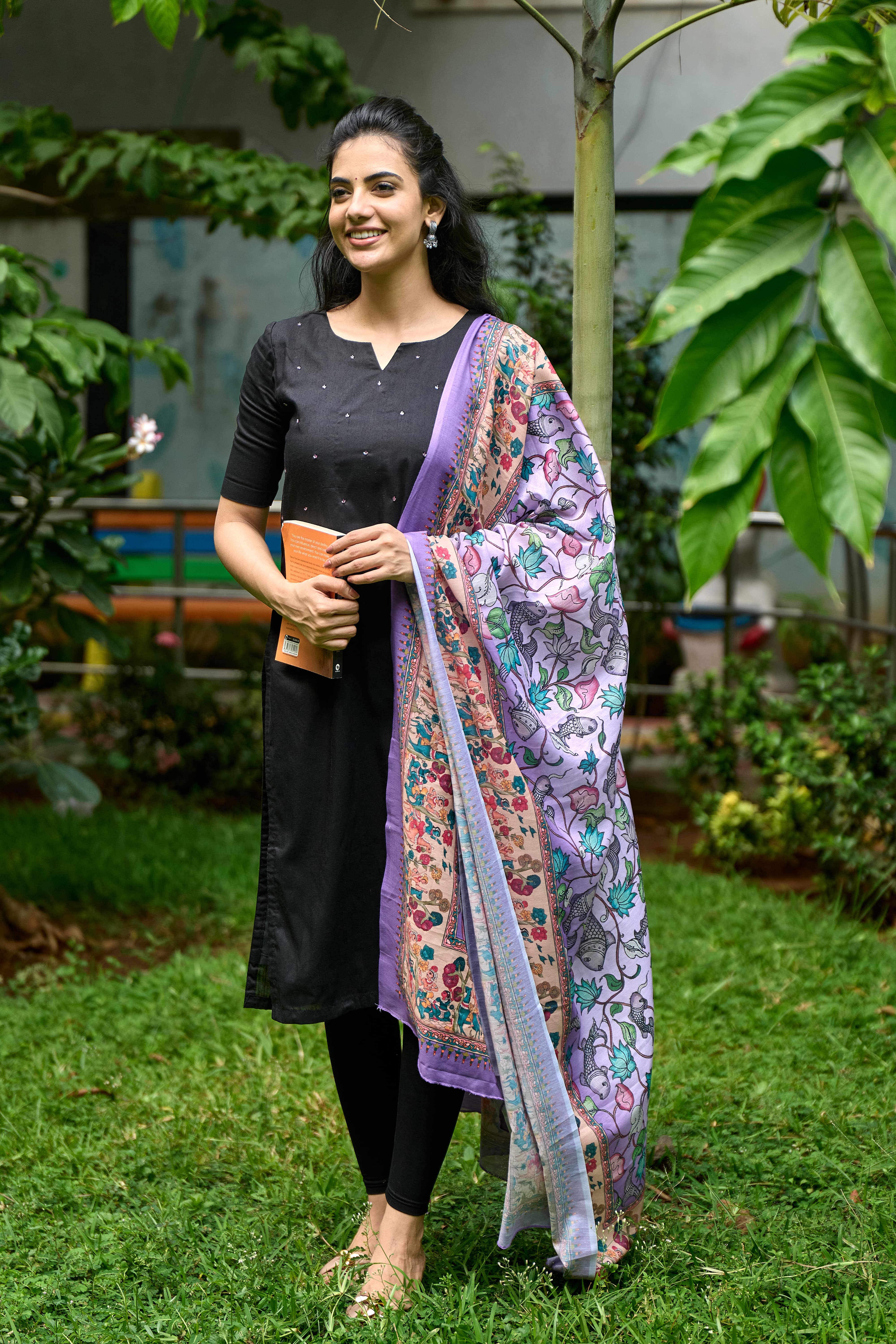 Black Cotton Kurti with Pure Mul Printed Dupatta