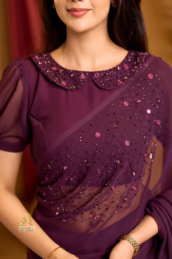 Burgundy Wine Handwork Georgette saree