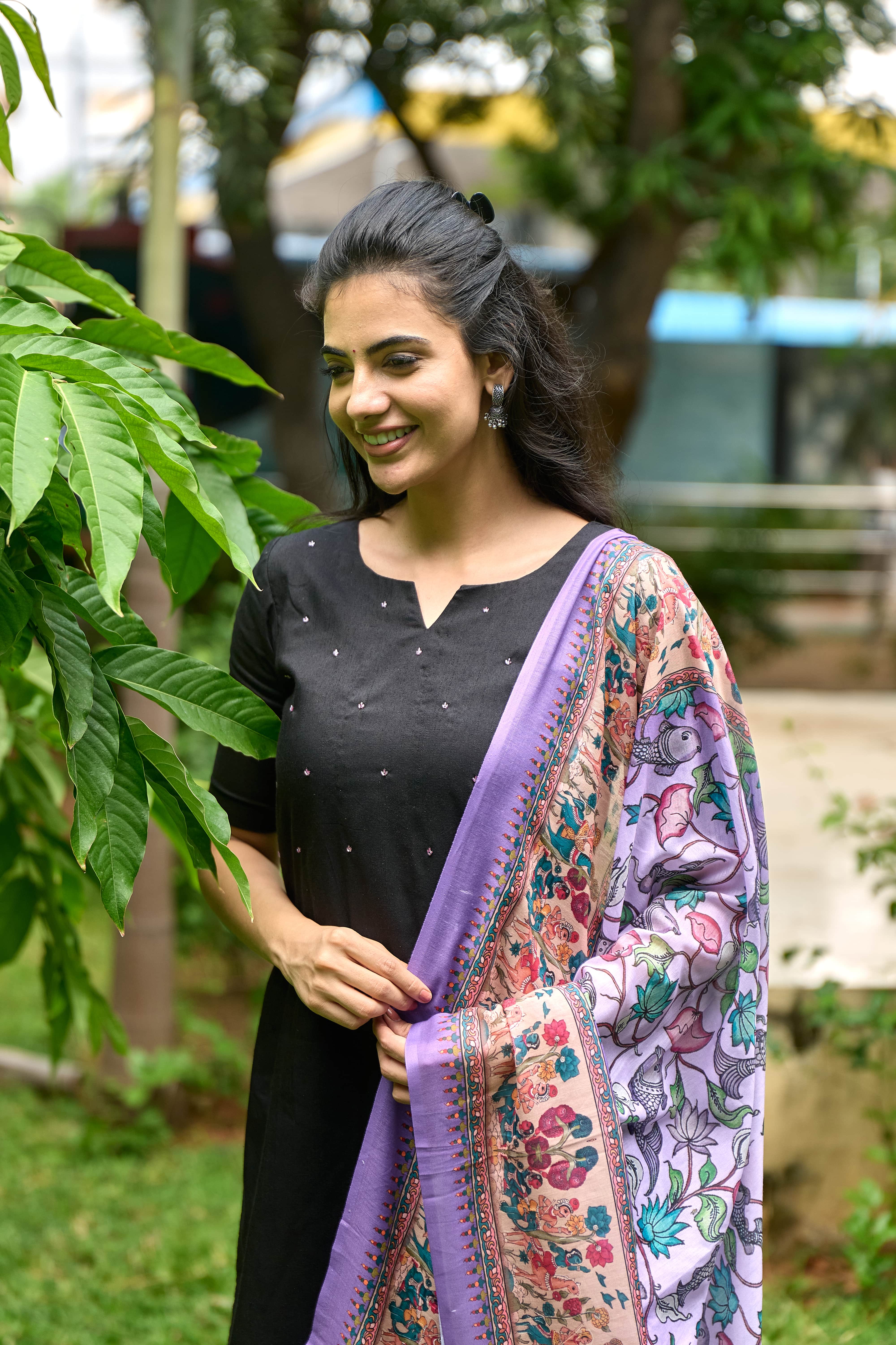 Black Cotton Kurti with Pure Mul Printed Dupatta