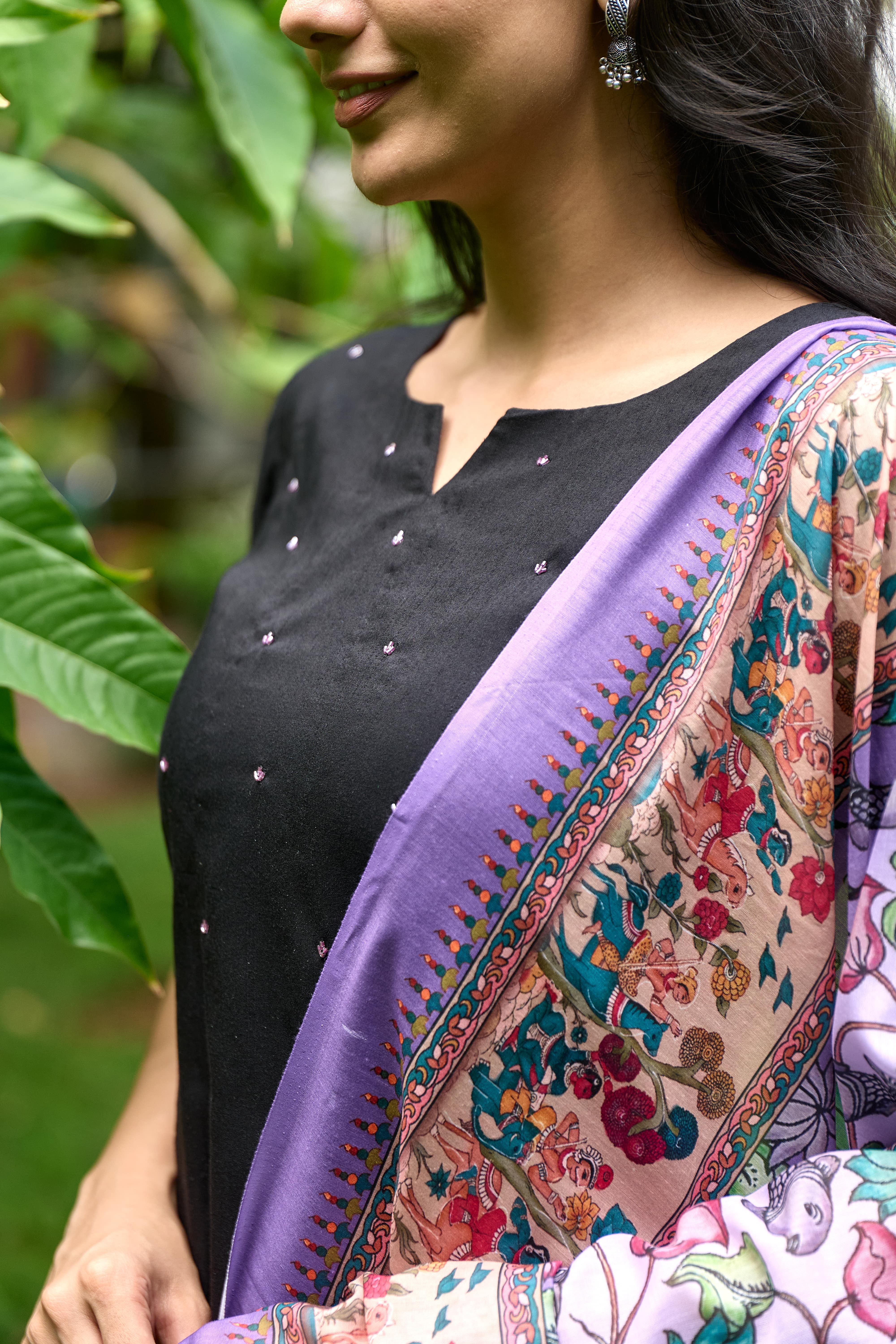 Black Cotton Kurti with Pure Mul Printed Dupatta