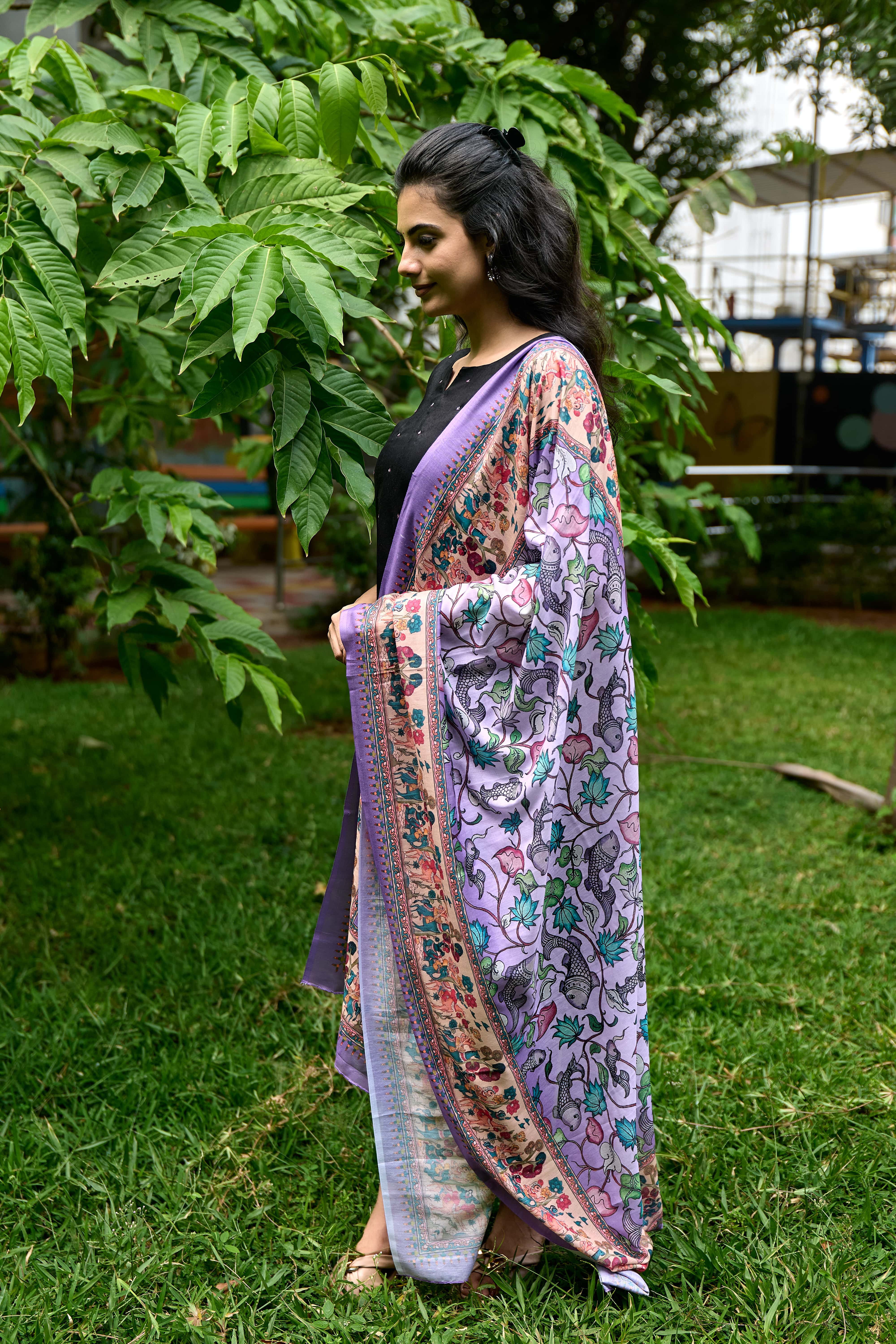 Black Cotton Kurti with Pure Mul Printed Dupatta