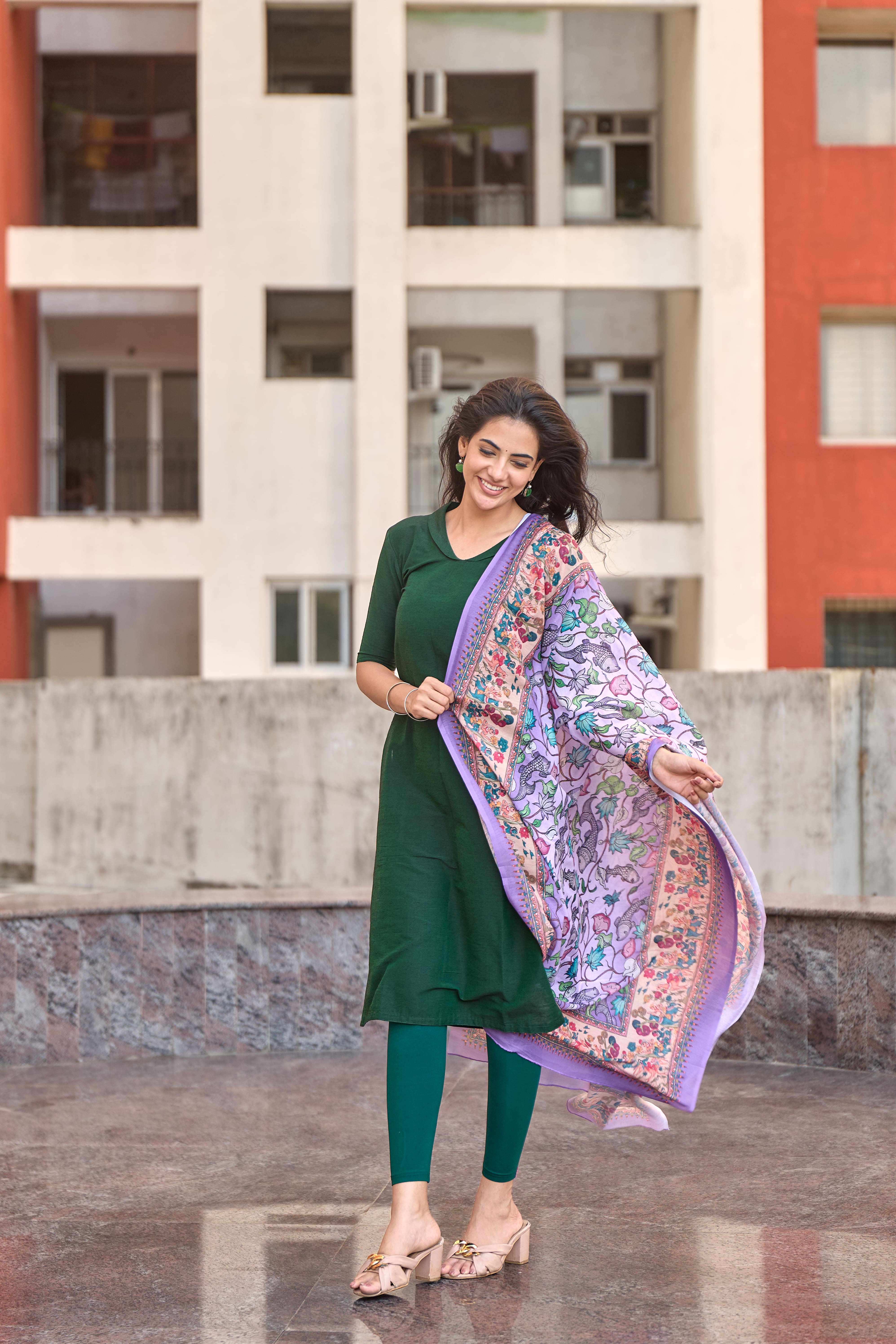Bottle Green Cotton Kurti with Pure Mul Printed Dupatta
