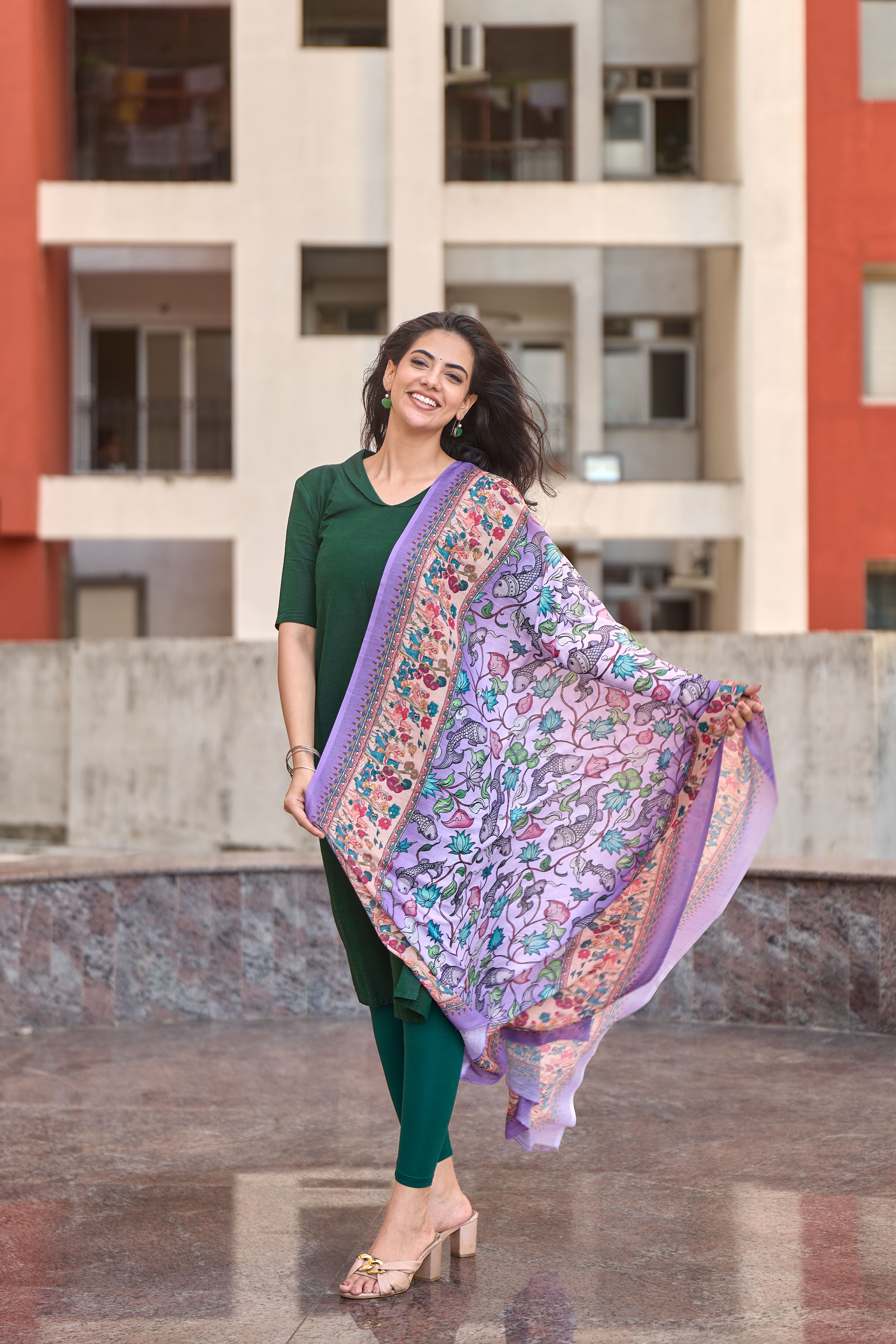 Bottle Green Cotton Kurti with Pure Mul Printed Dupatta