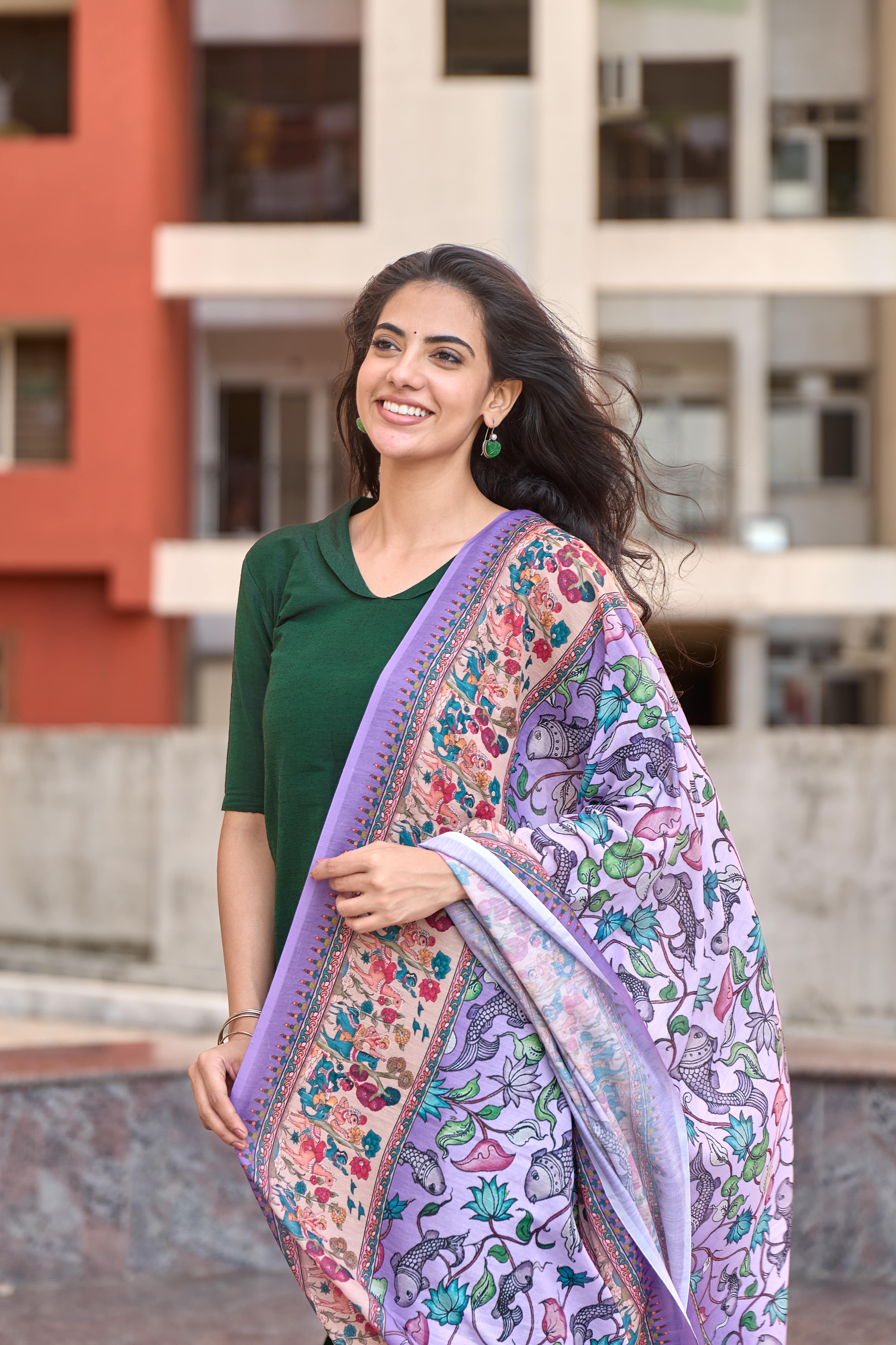 Bottle Green Cotton Kurti with Pure Mul Printed Dupatta