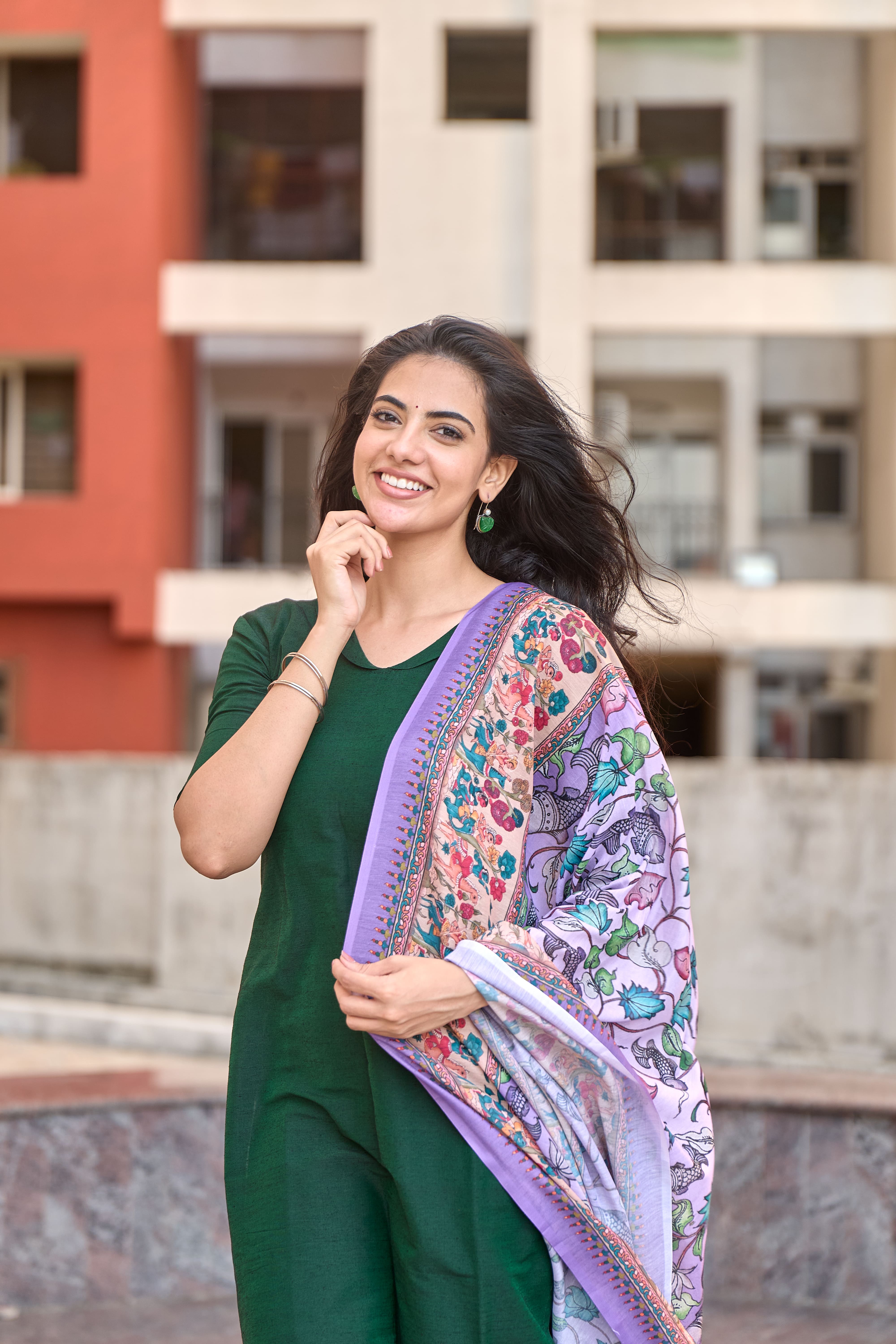 Bottle Green Cotton Kurti with Pure Mul Printed Dupatta