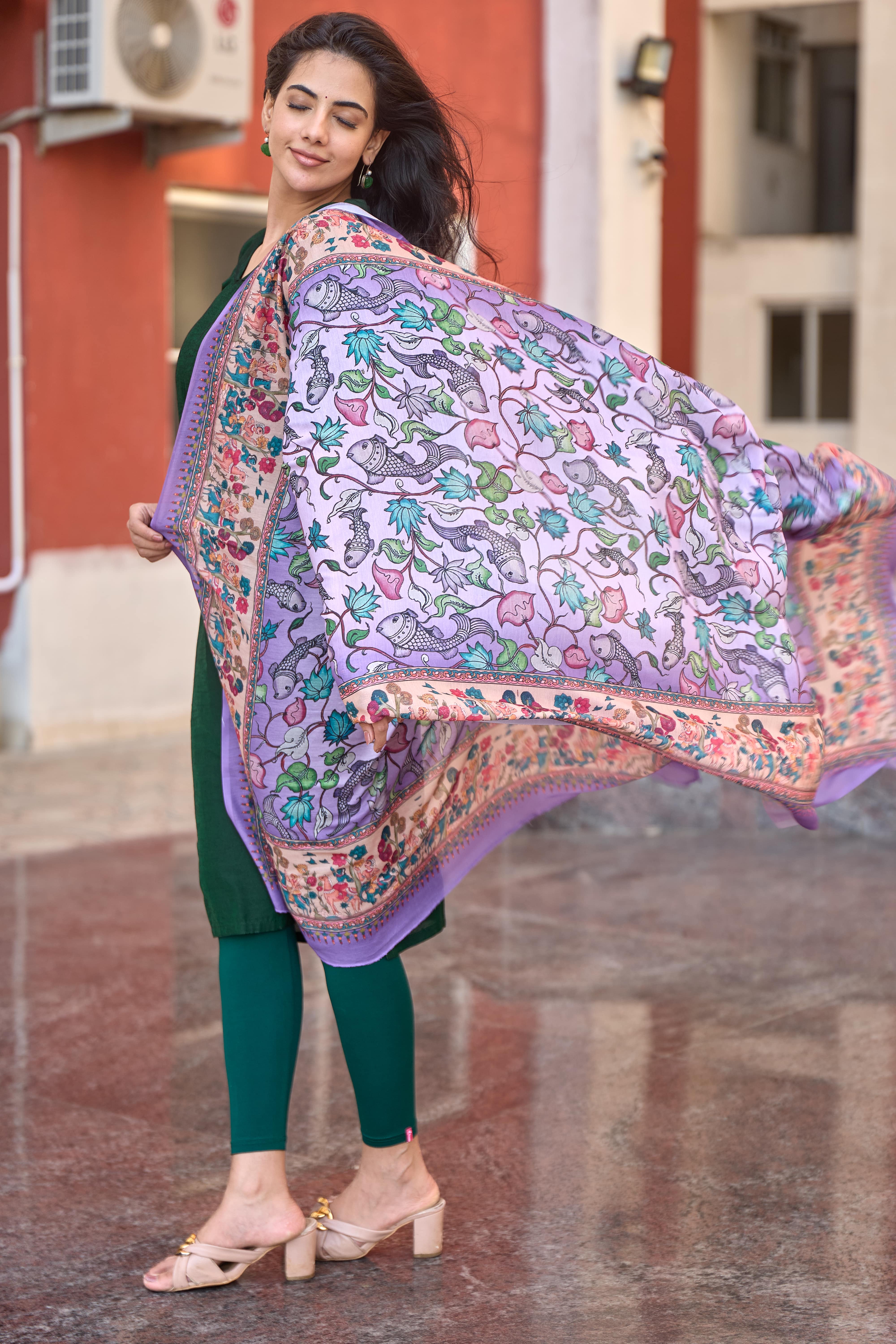 Bottle Green Cotton Kurti with Pure Mul Printed Dupatta
