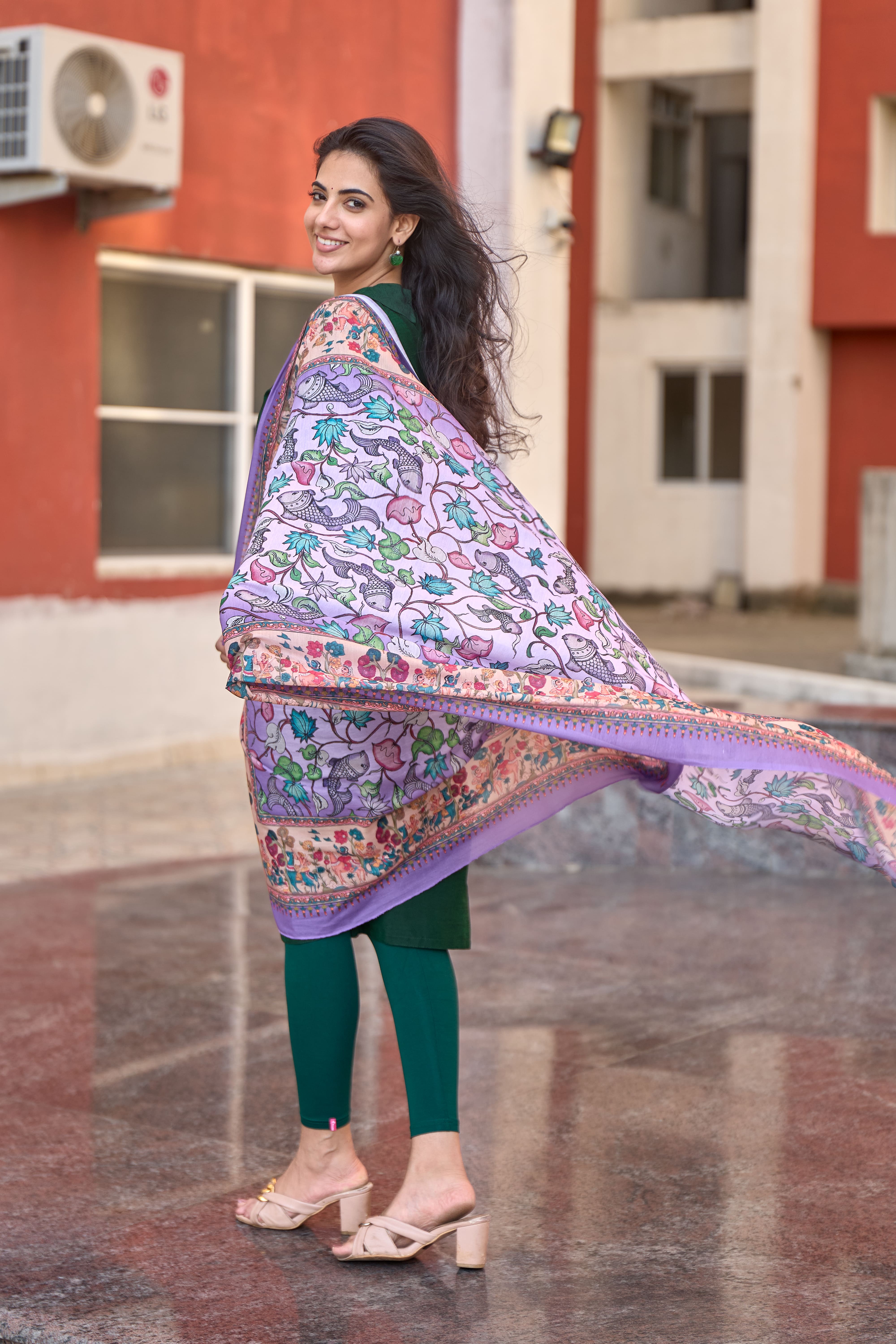 Bottle Green Cotton Kurti with Pure Mul Printed Dupatta