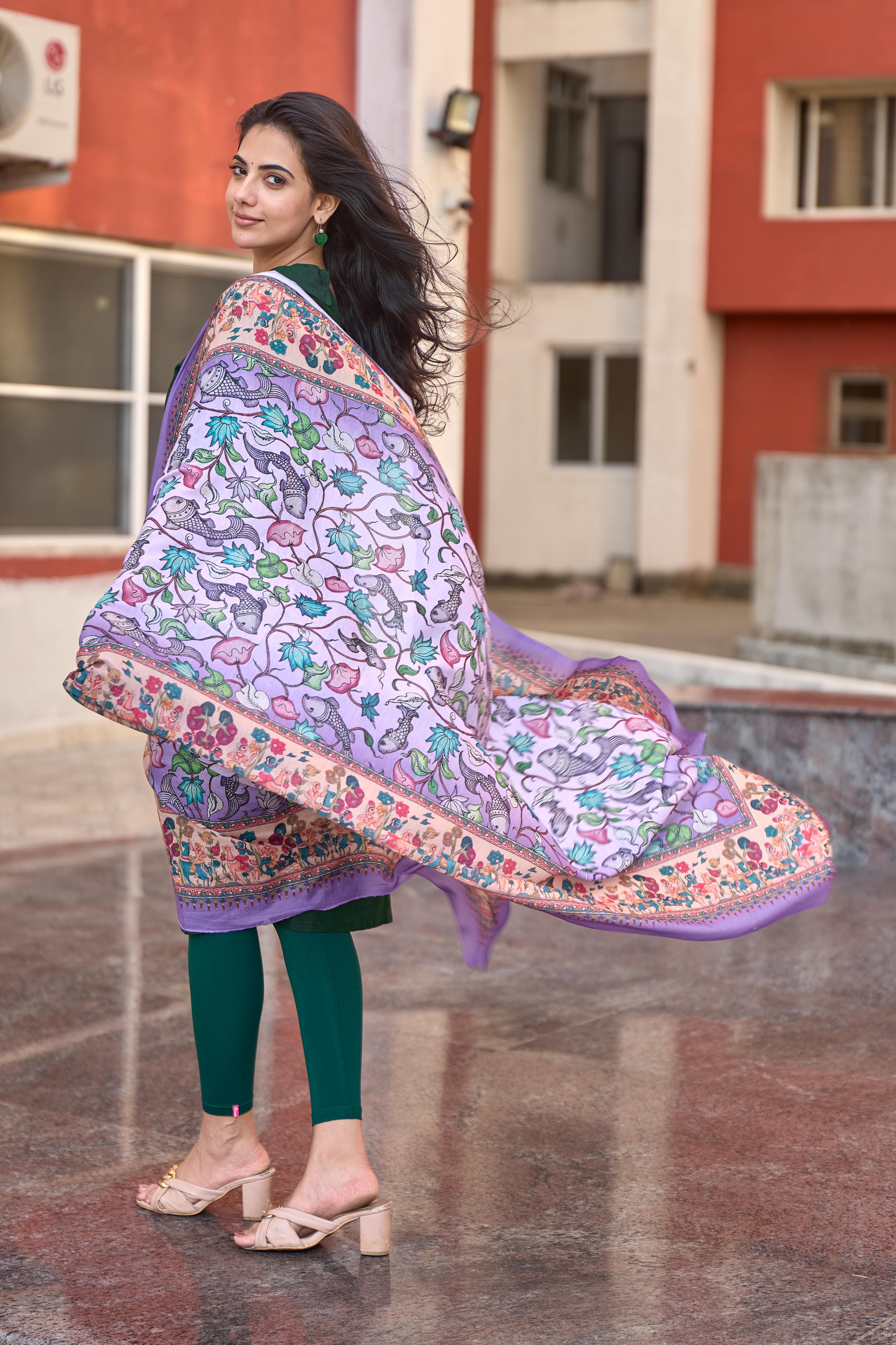 Bottle Green Cotton Kurti with Pure Mul Printed Dupatta