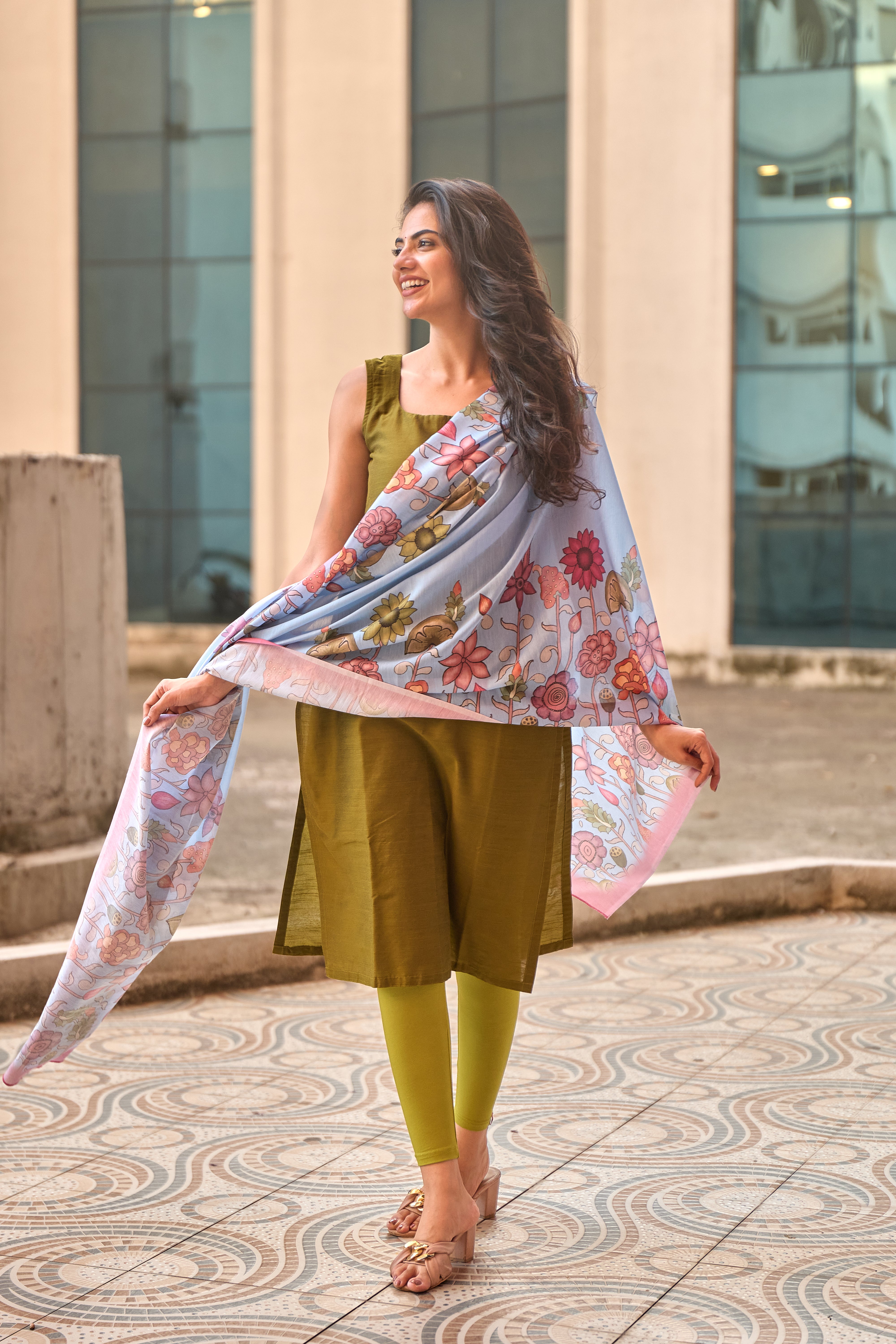 Mehendi Green Cotton Kurti with Pure Mul Printed Dupatta
