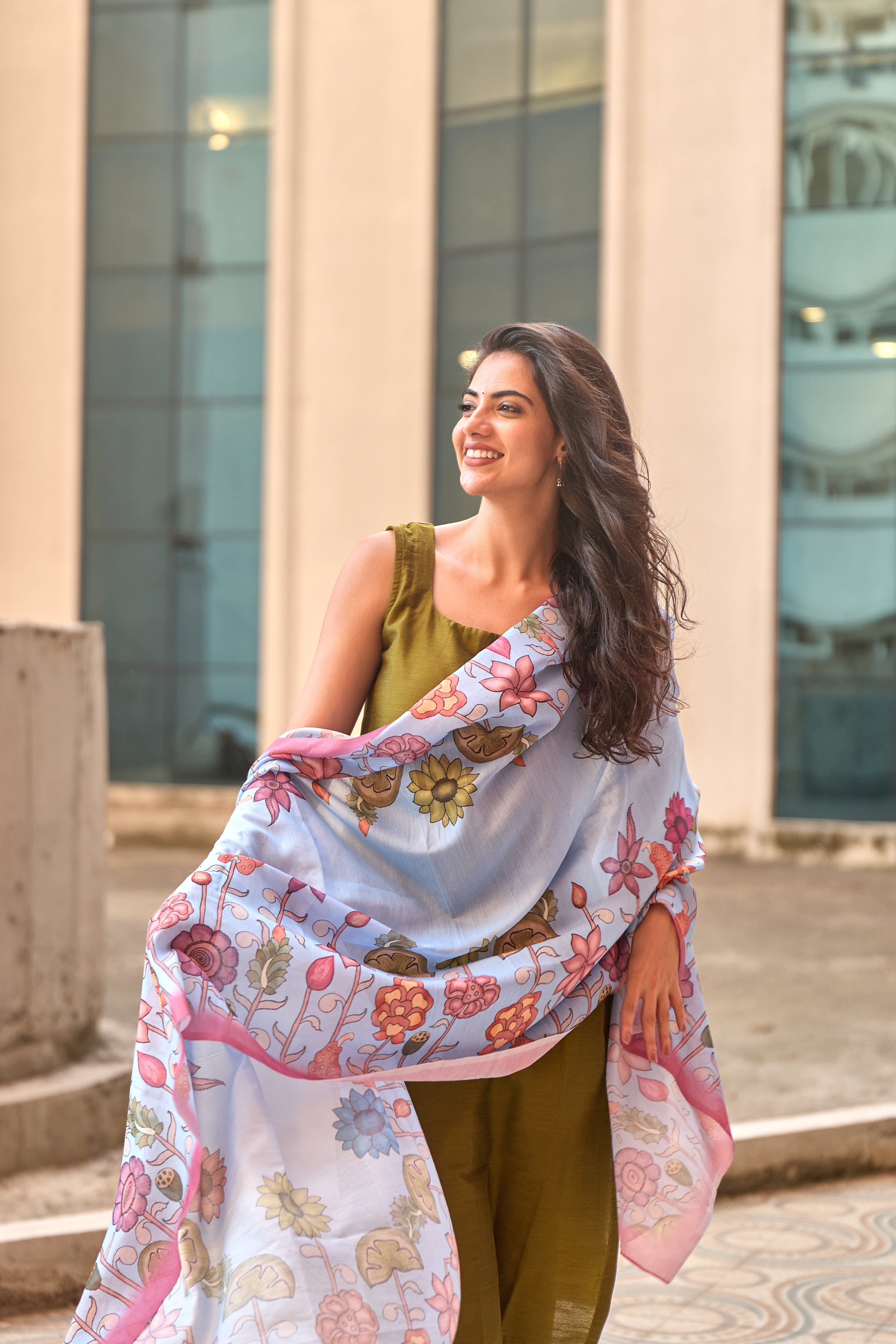 Mehendi Green Cotton Kurti with Pure Mul Printed Dupatta