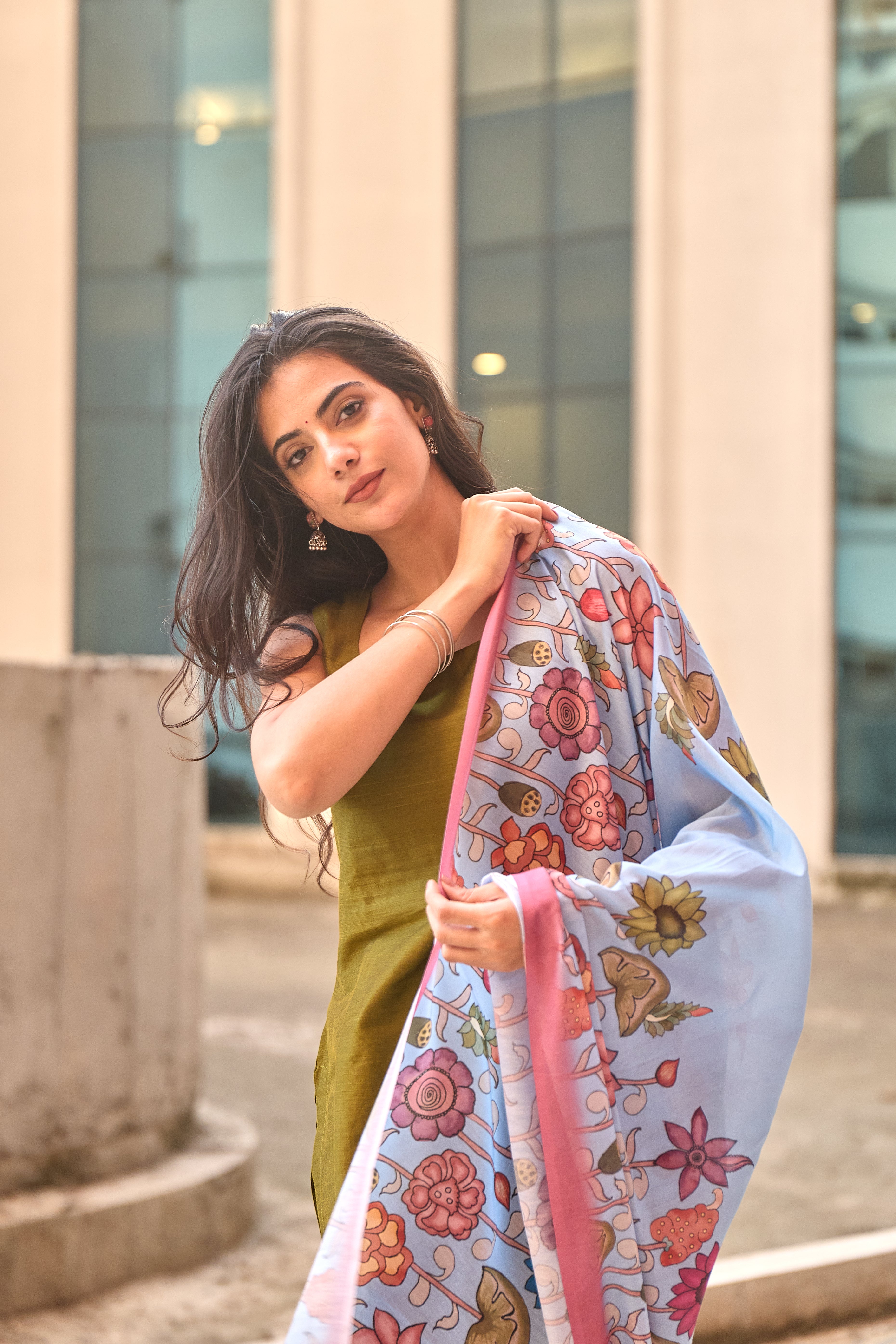 Mehendi Green Cotton Kurti with Pure Mul Printed Dupatta
