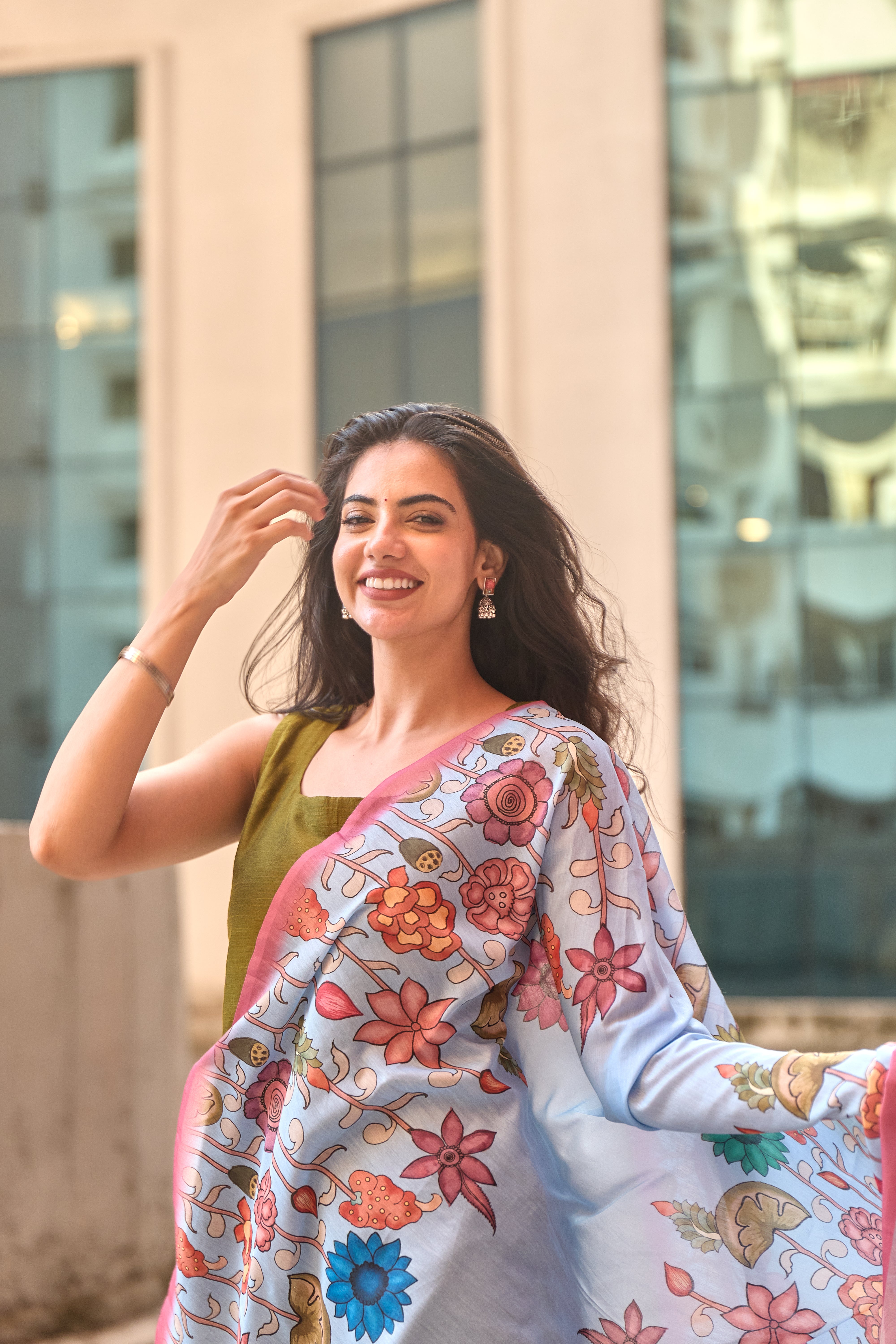 Mehendi Green Cotton Kurti with Pure Mul Printed Dupatta