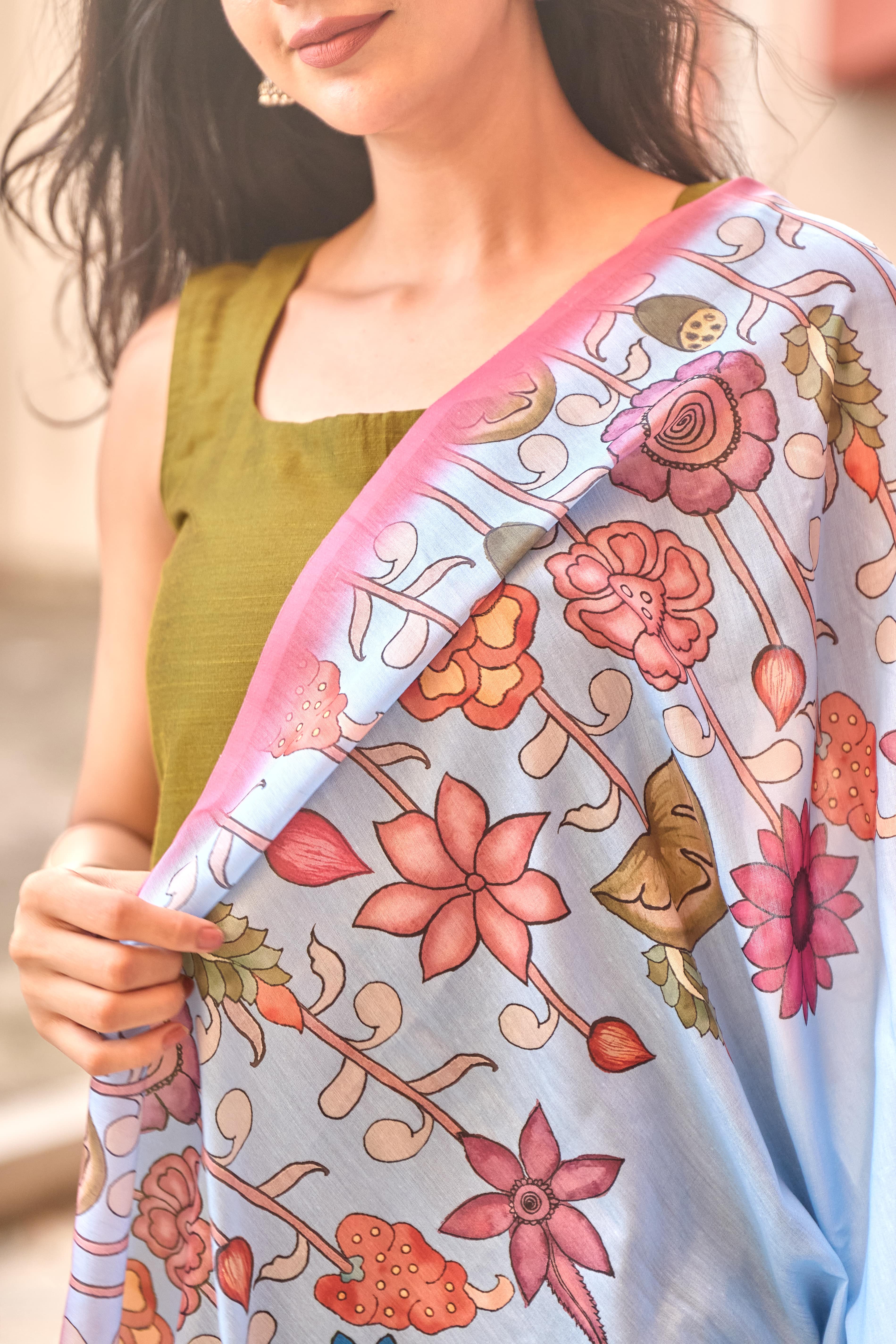 Mehendi Green Cotton Kurti with Pure Mul Printed Dupatta