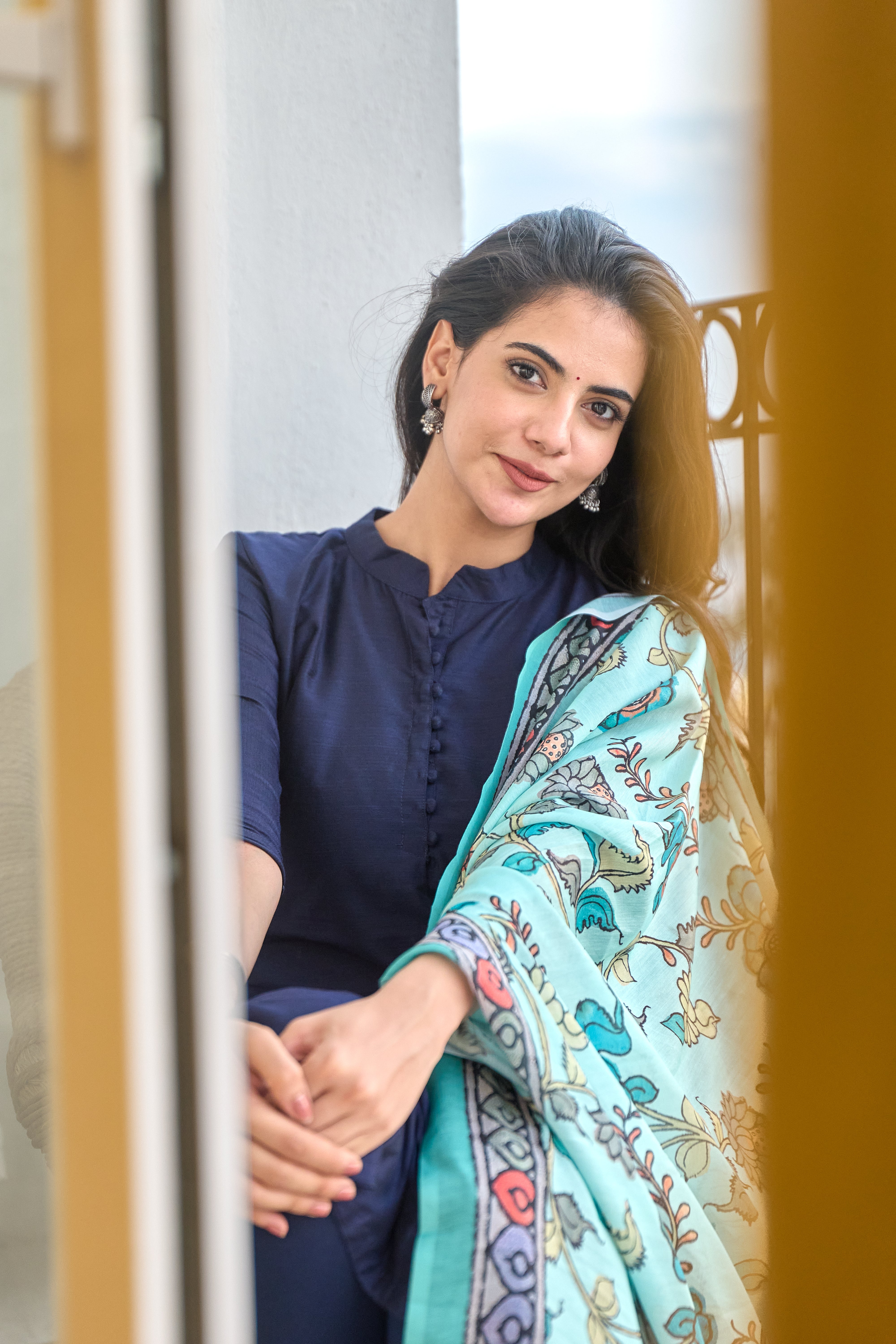 Navy Blue Cotton Kurti with Pure Mul Printed Dupatta