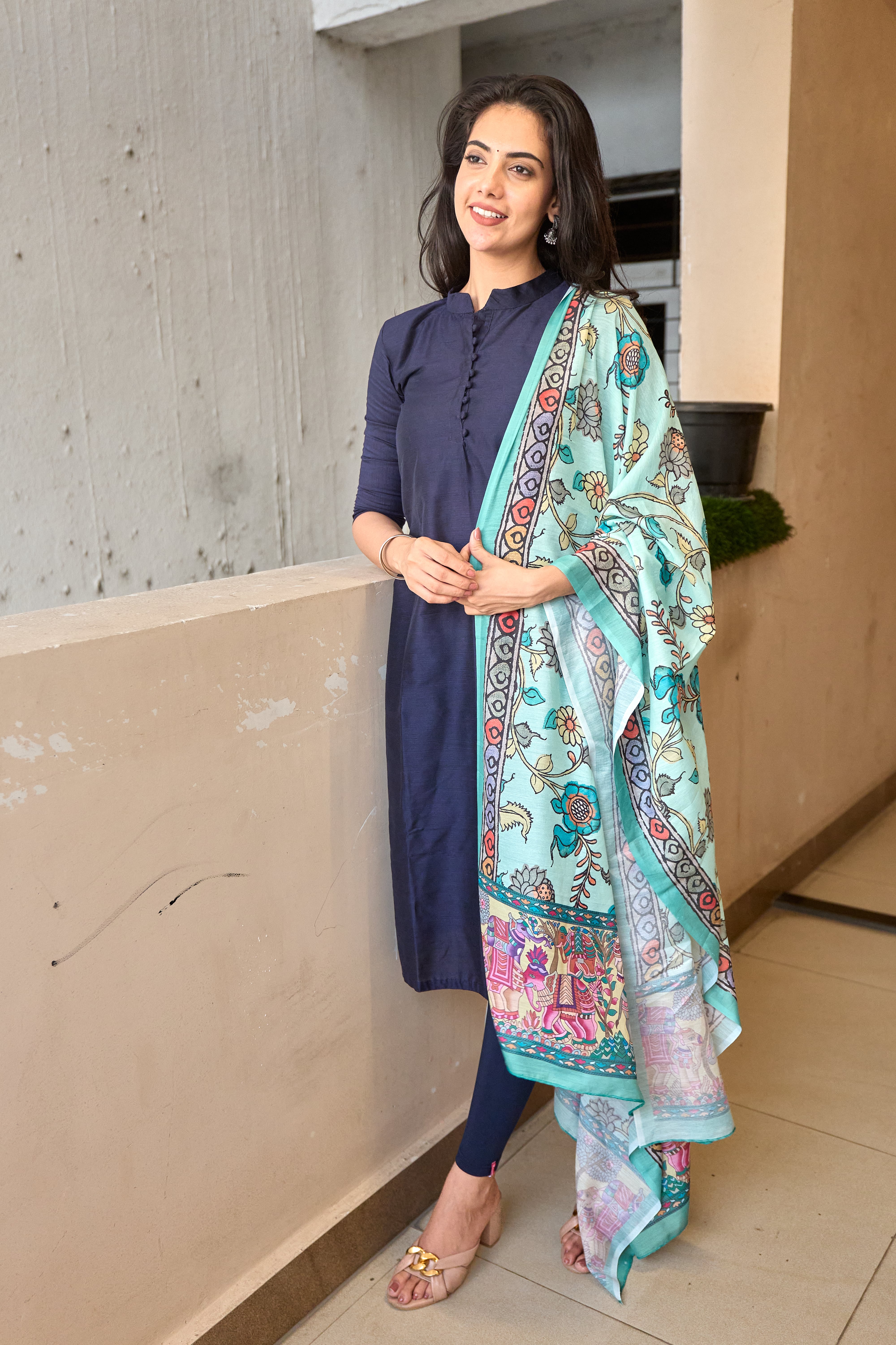 Navy Blue Cotton Kurti with Pure Mul Printed Dupatta