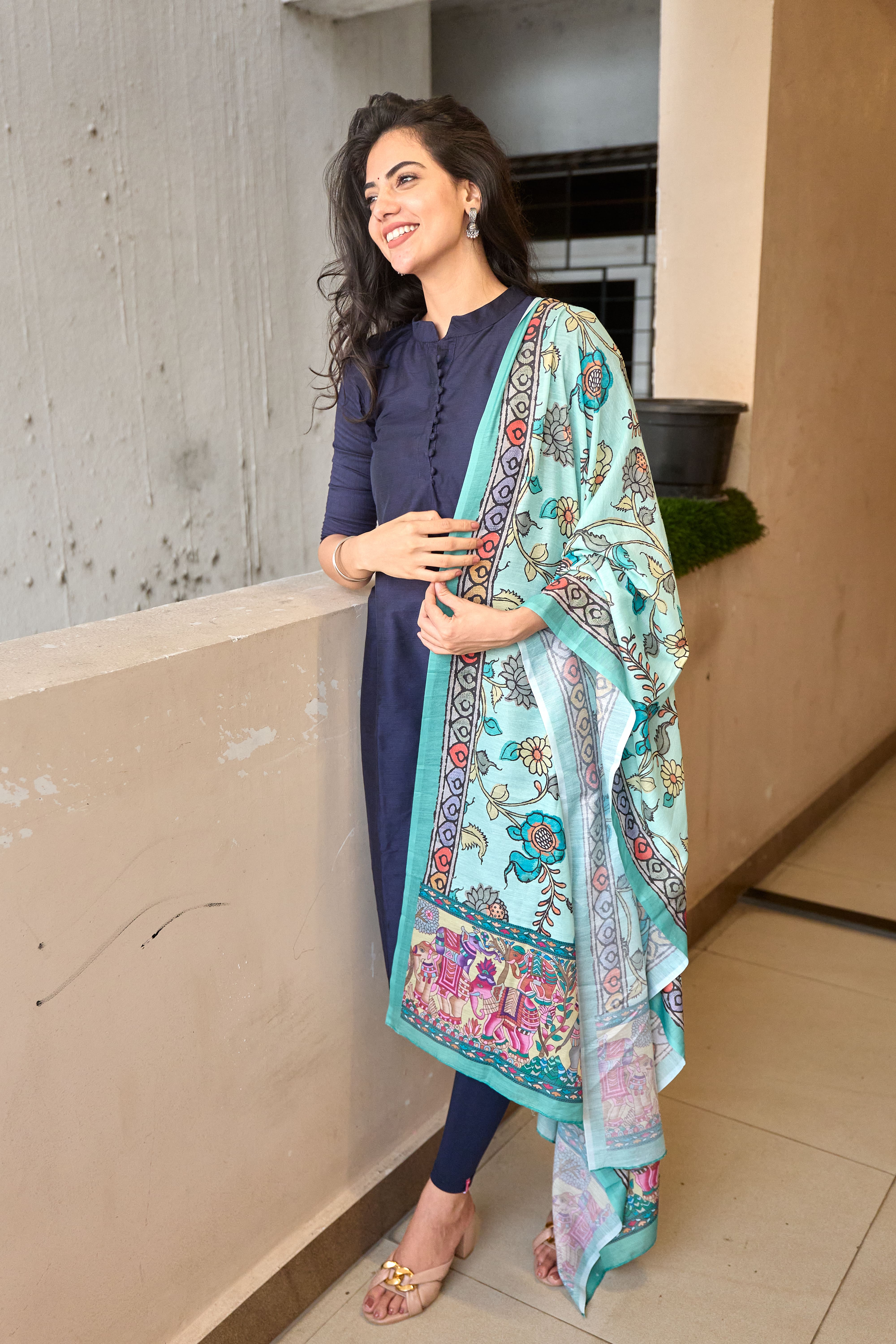 Navy Blue Cotton Kurti with Pure Mul Printed Dupatta