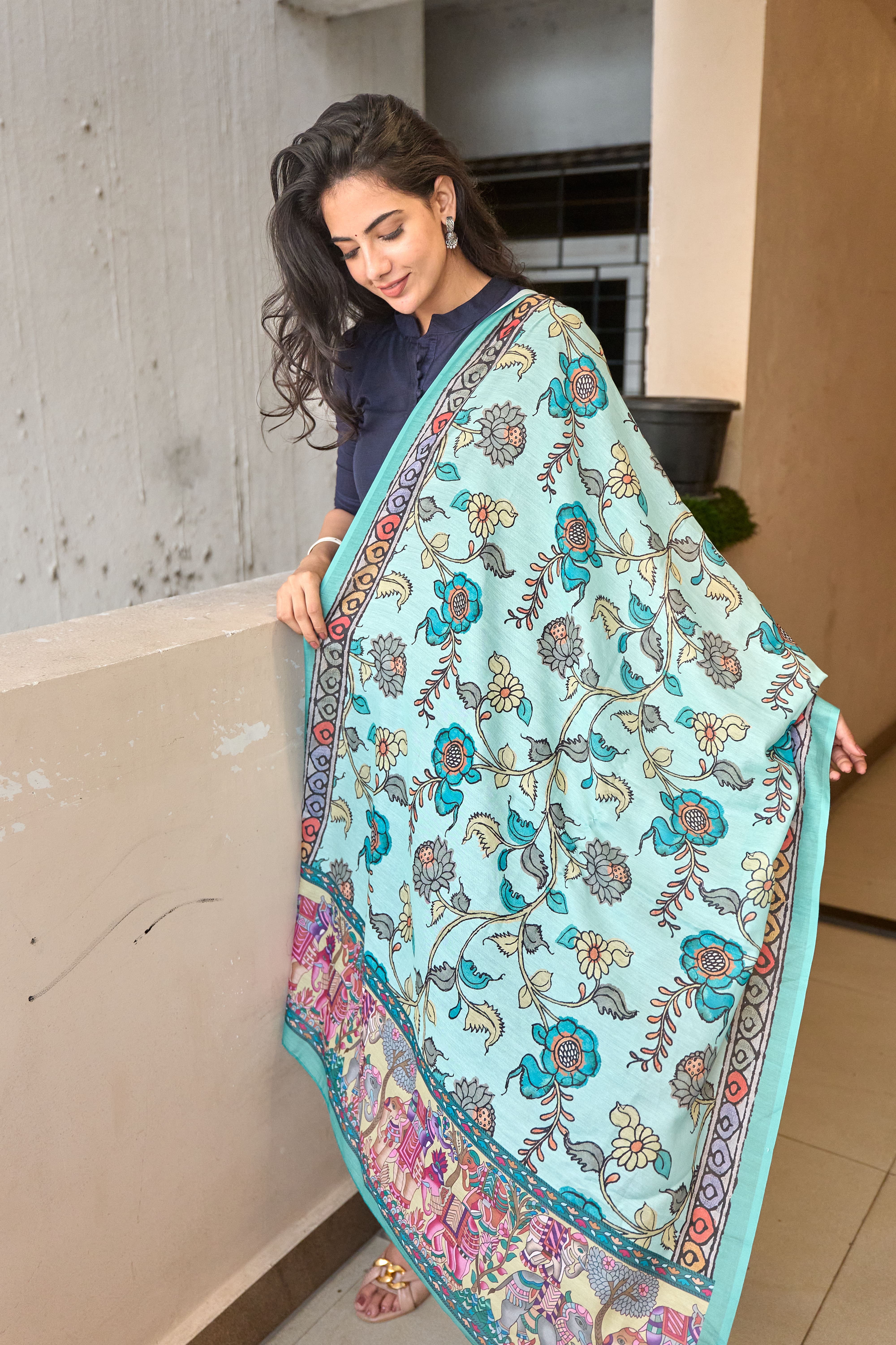Navy Blue Cotton Kurti with Pure Mul Printed Dupatta