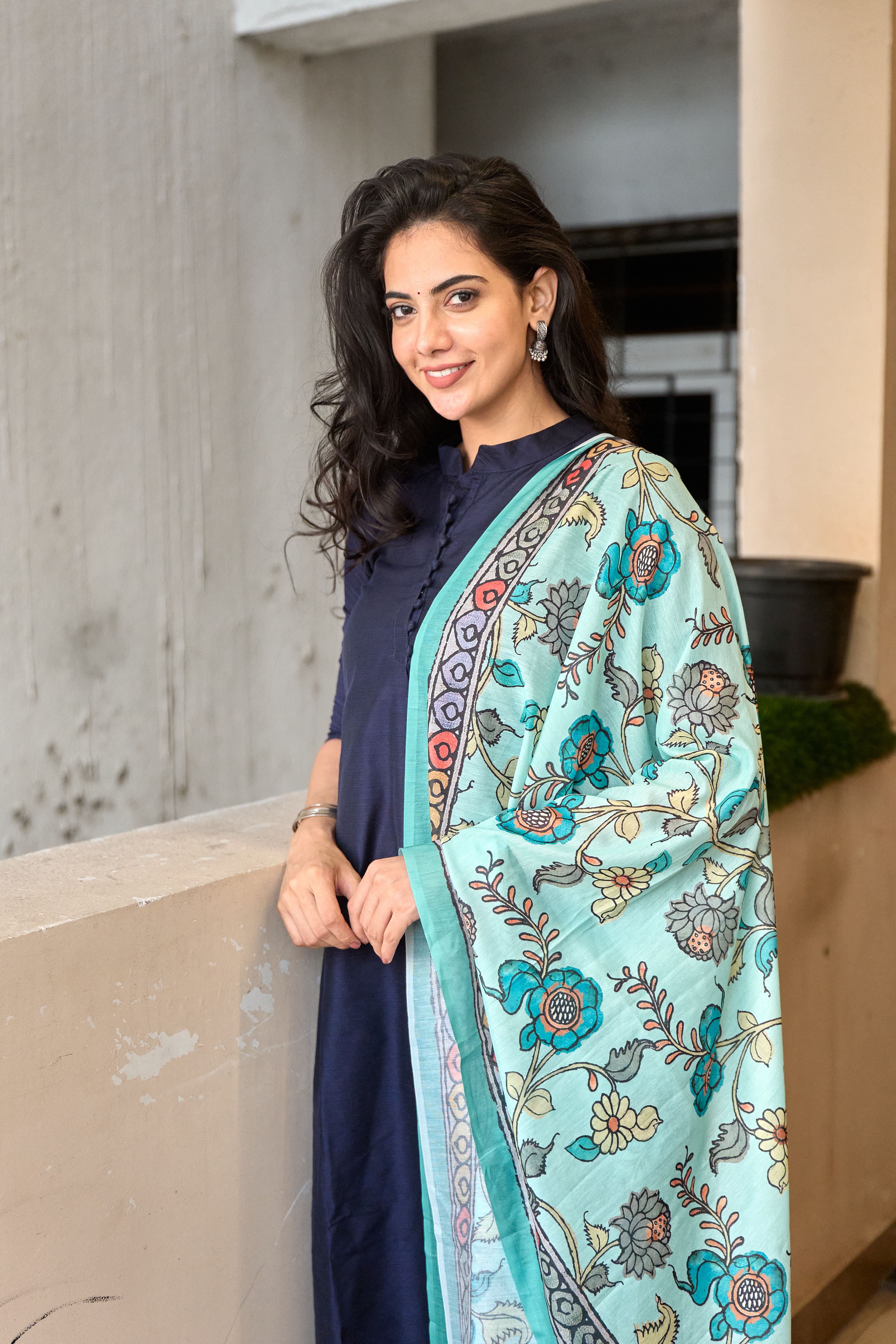 Navy Blue Cotton Kurti with Pure Mul Printed Dupatta
