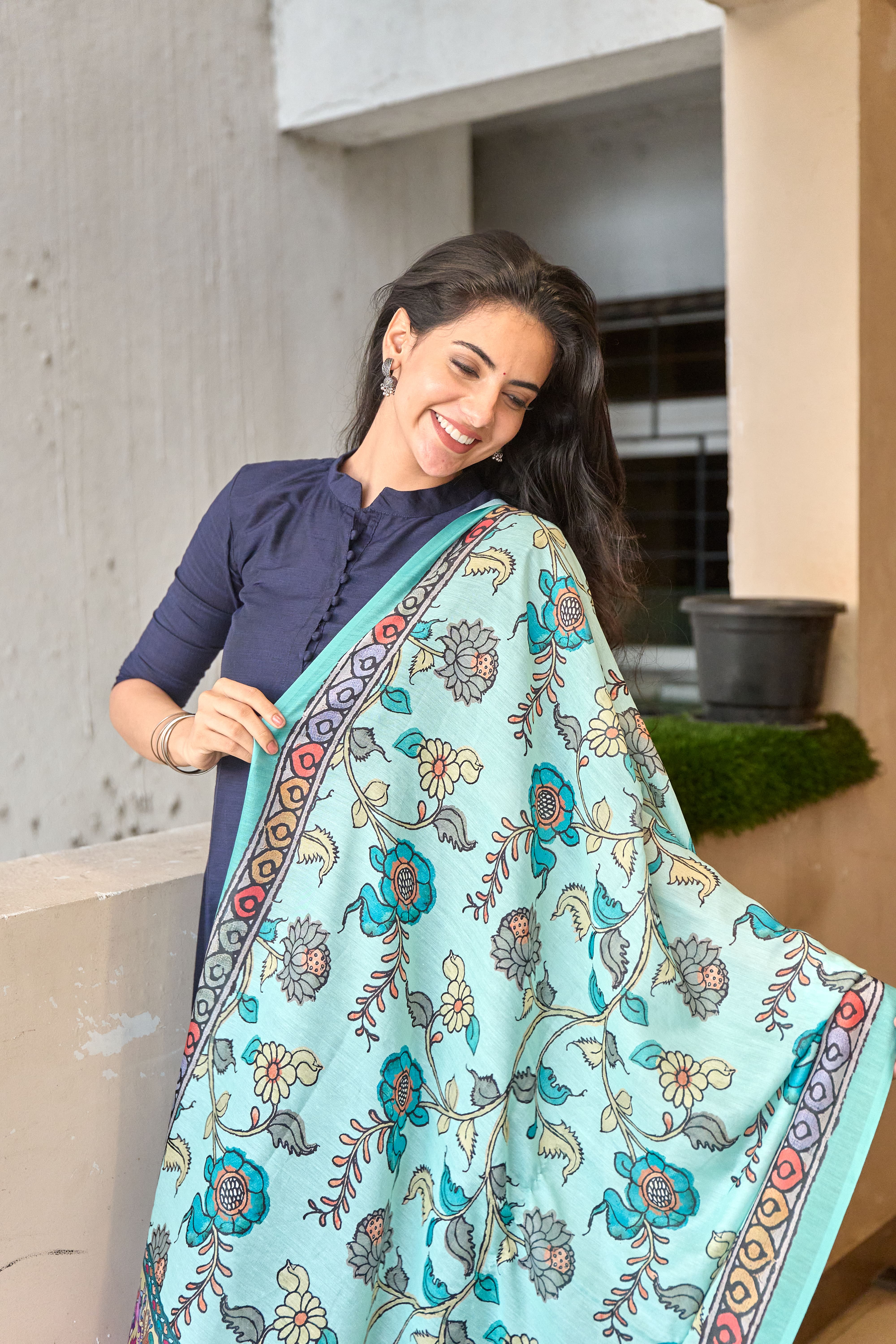 Navy Blue Cotton Kurti with Pure Mul Printed Dupatta