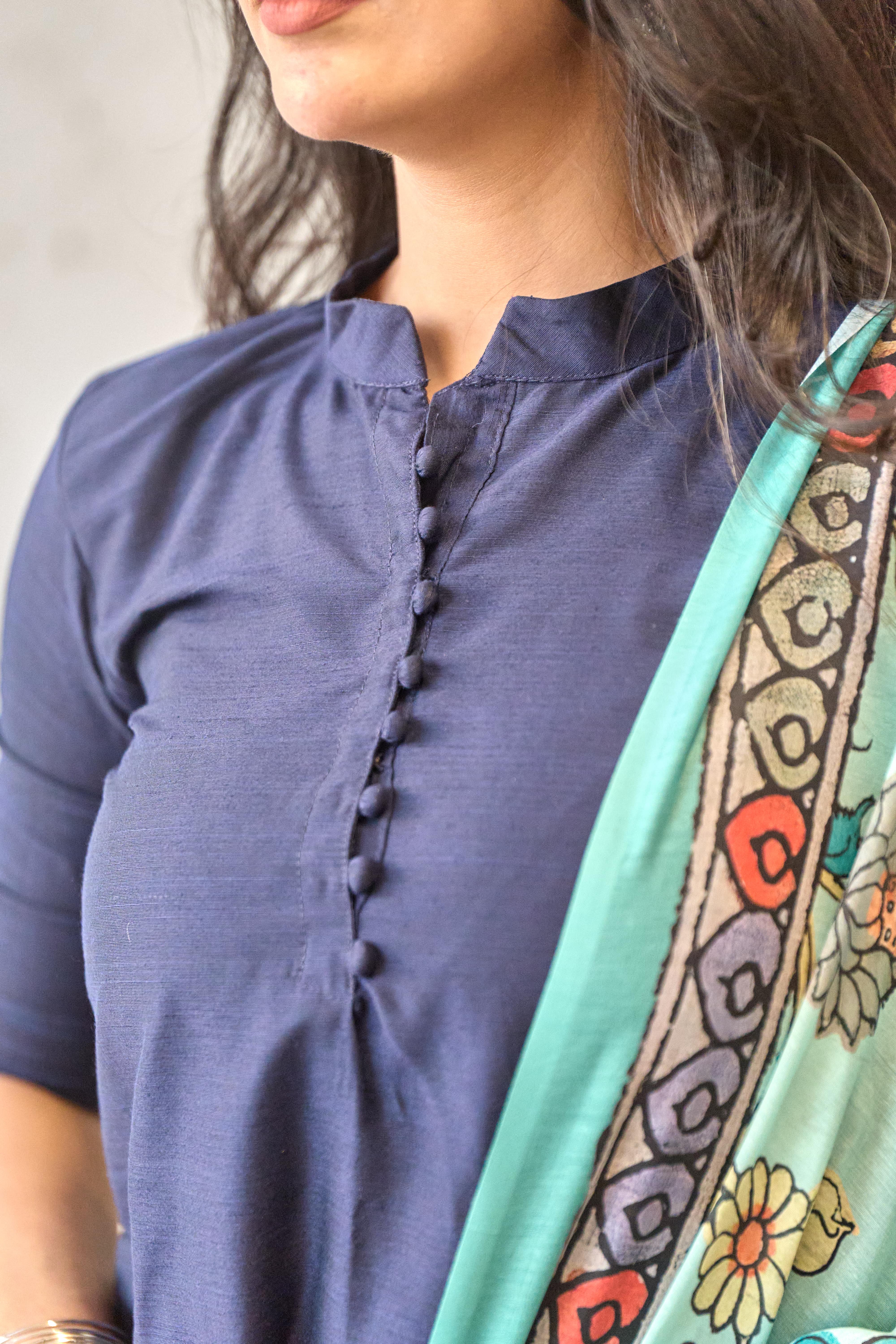 Navy Blue Cotton Kurti with Pure Mul Printed Dupatta