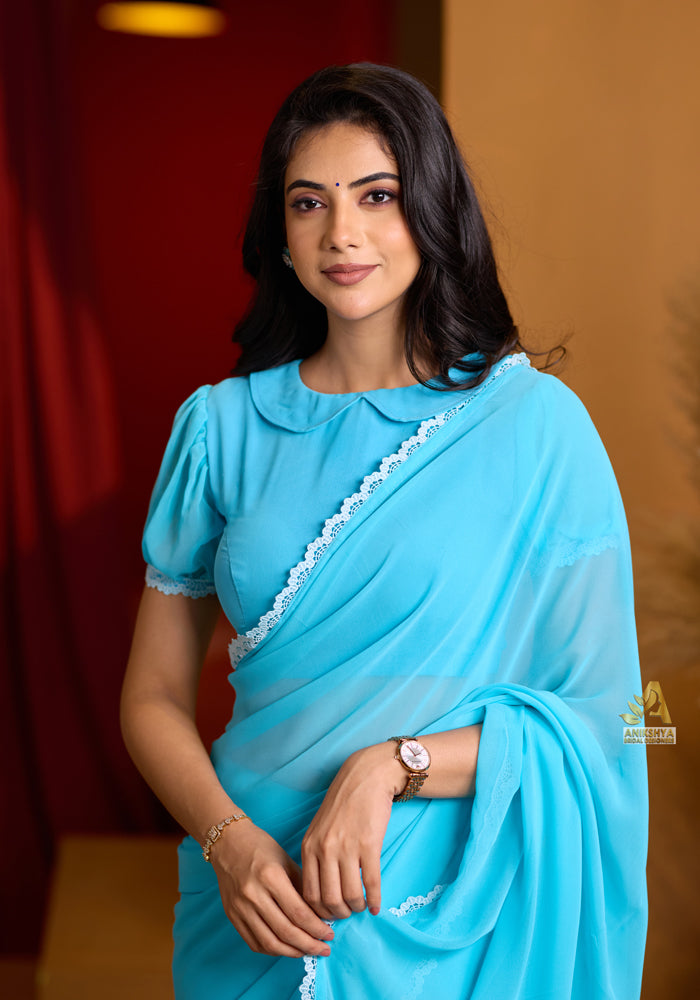 Blue Aruvi Georgette saree
