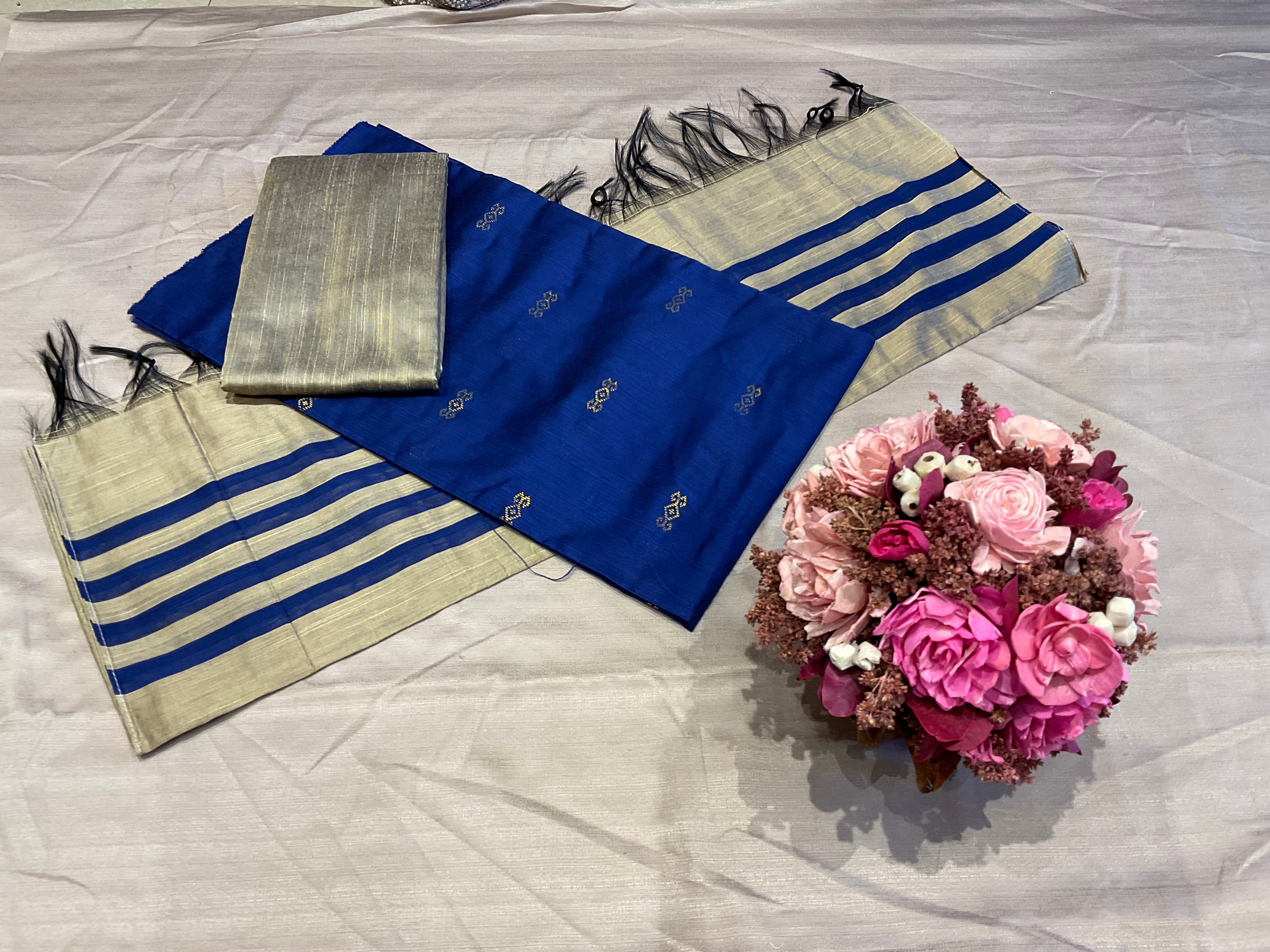 Unstitched raw silk salwar suit - Royal Blue