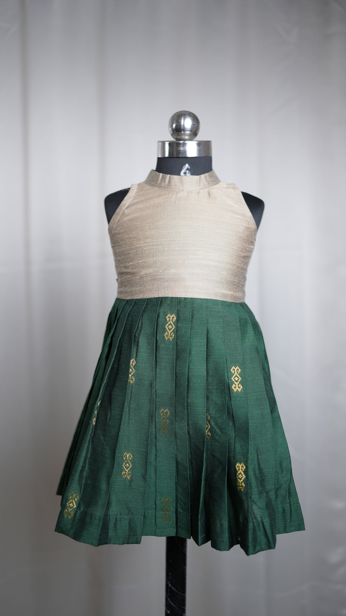 Green and Oyster Grey Raw Silk Kid Frock