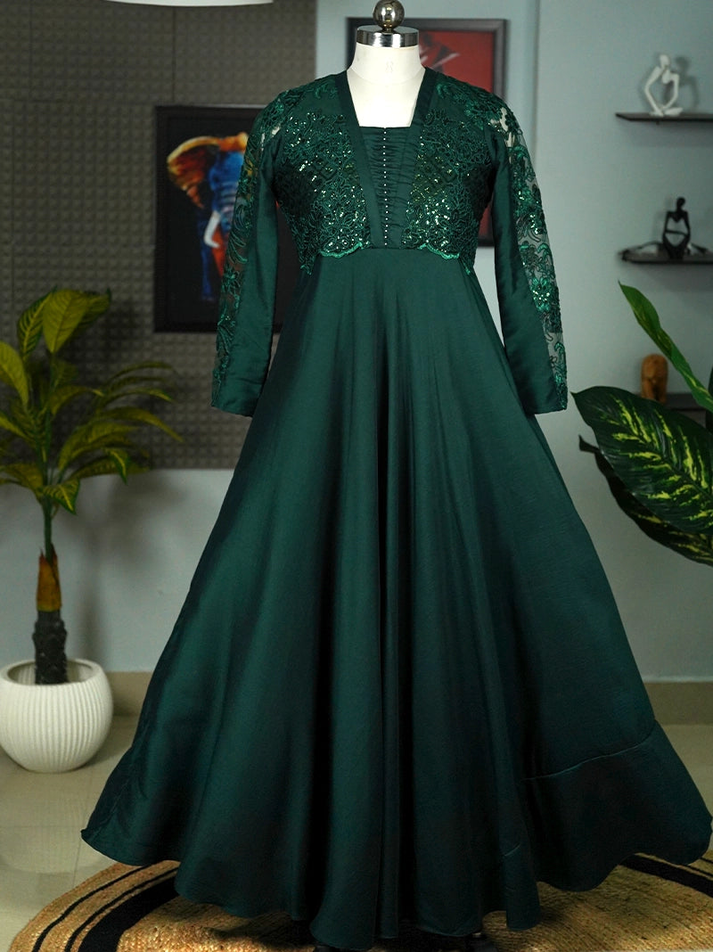 Anikshya Bottle green Pleated Handwork party wear Dress Anikshya Bottle green Pleated Handwork party wear Dress
