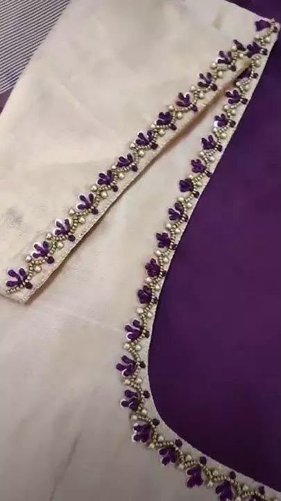 Ivory White & Royal Violet Hand Embroidery Designer Blouse