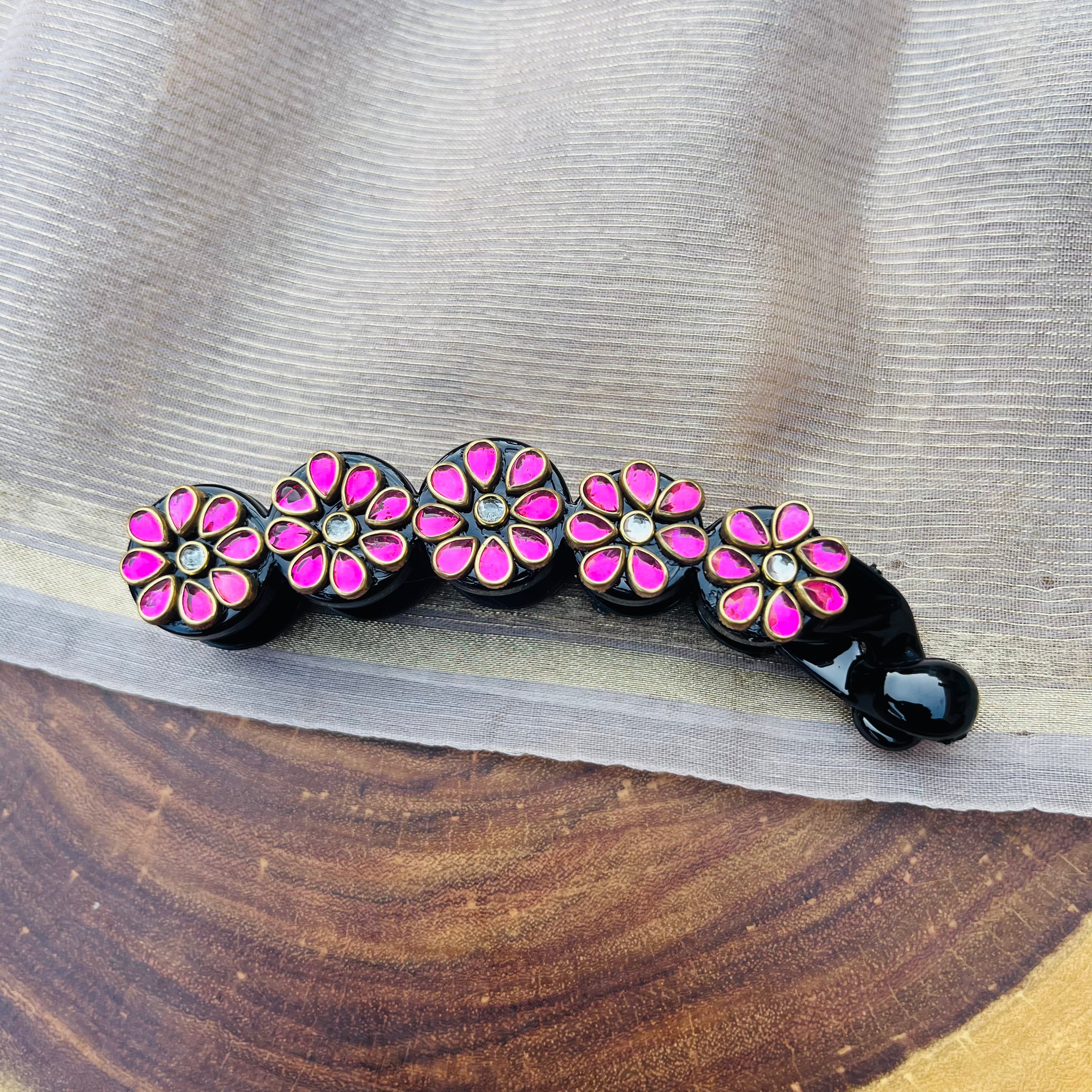 AB Handmade Pink Tear drop kundan Banana clip