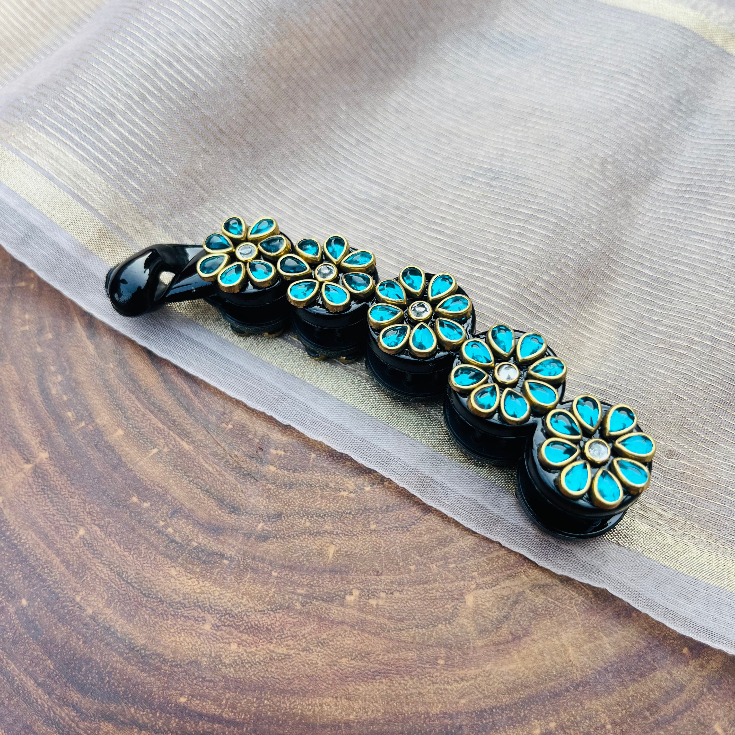 AB Handmade cyan Blue Tear drop kundan Banana clip
