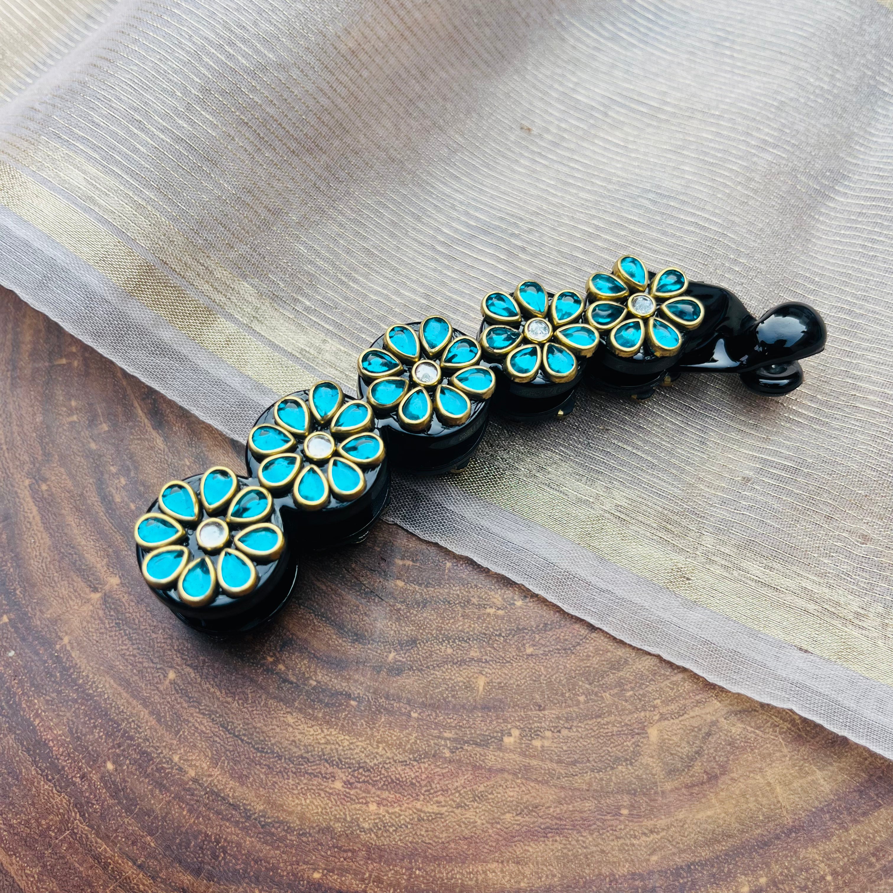 AB Handmade cyan Blue Tear drop kundan Banana clip
