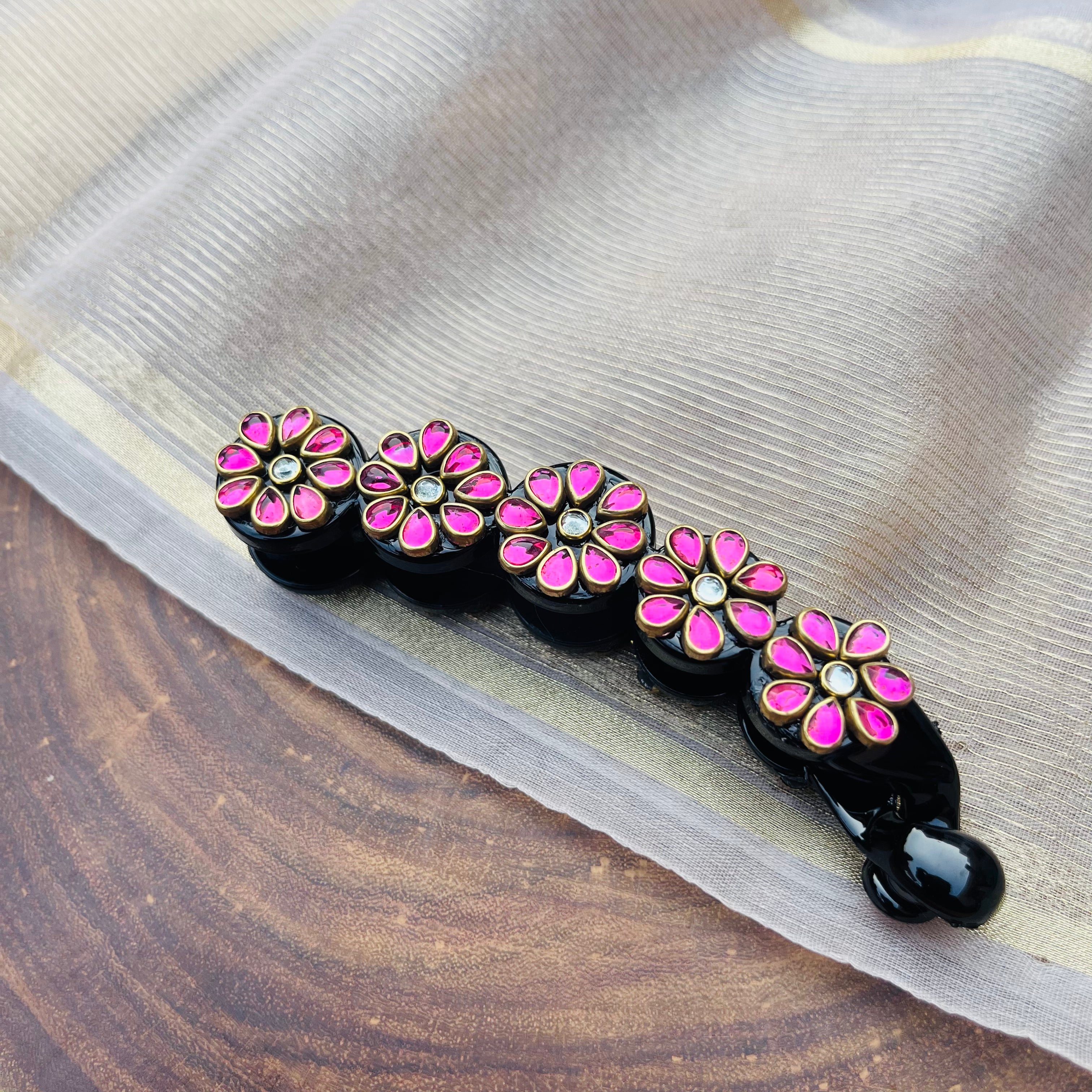 AB Handmade Pink Tear drop kundan Banana clip