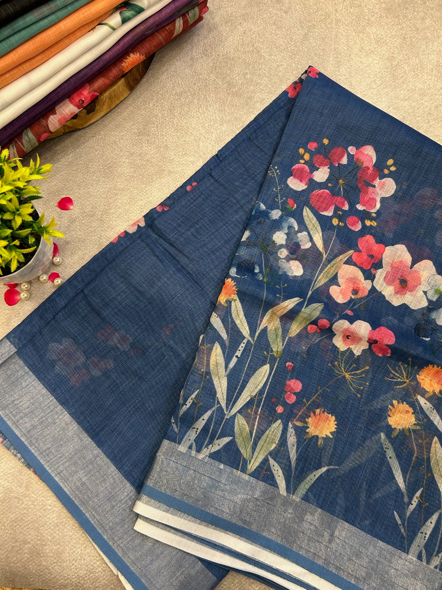 Blue Indigo Digital Print Linen saree