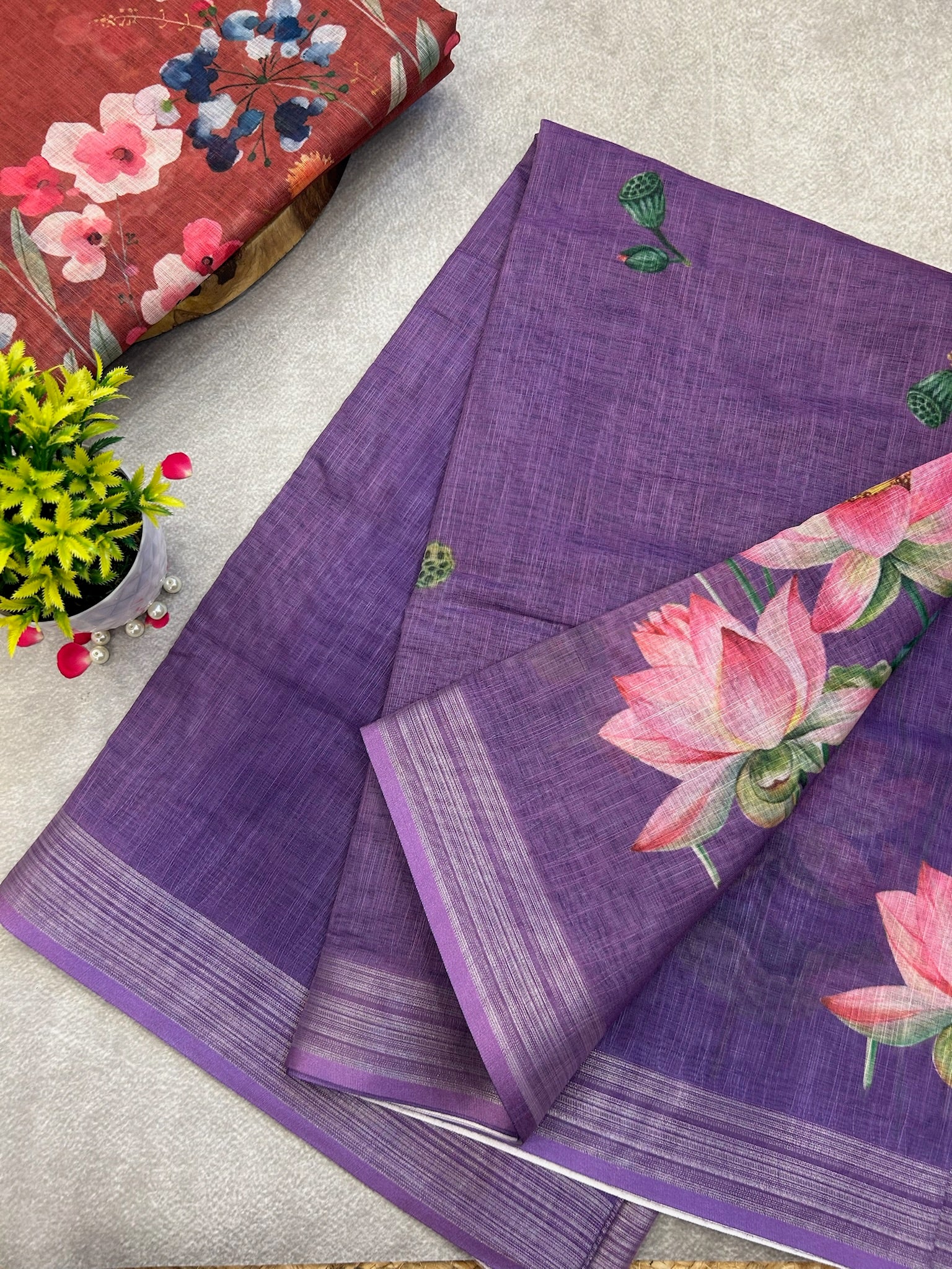 Purple Digital Print Linen saree