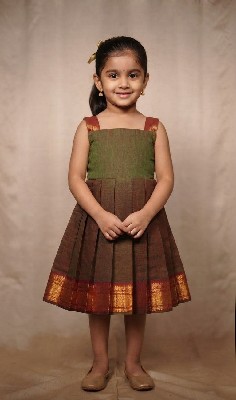 Green Maroon Dual Tone Chettinad Cotton Kid Frock