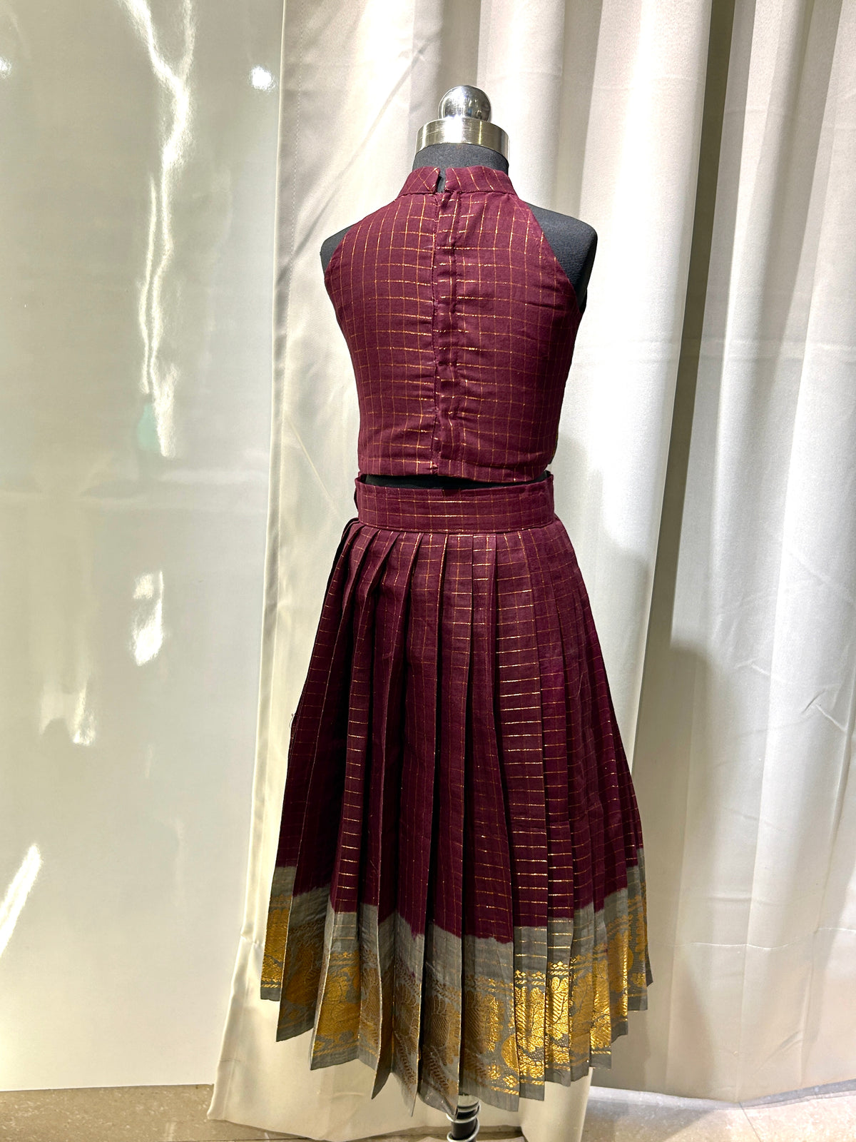 Maroon Grey Modern Sungudi cotton Kid Frock